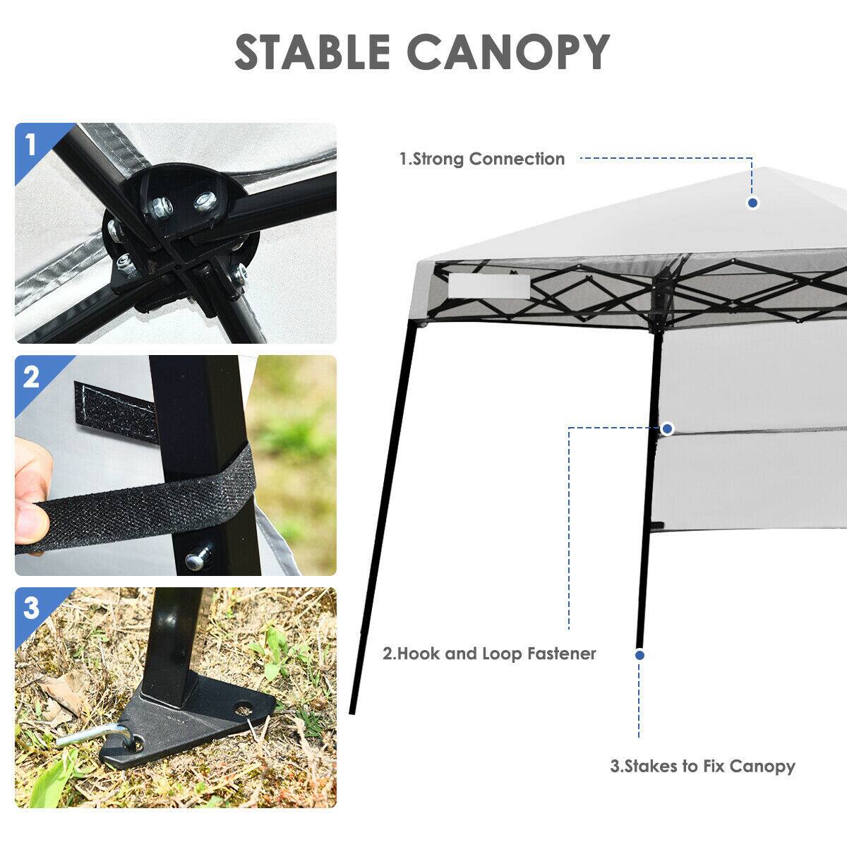 STABLE CANOPY

1. Strong Connection
2. Hook and Loop Fastener
3. Stakes to Fix Canopy