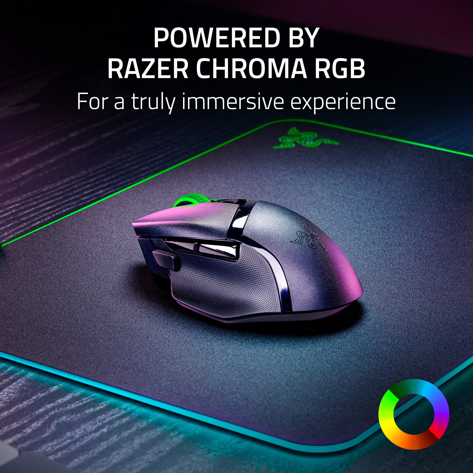 The text on the image reads: "Powered by Razer Chroma RGB for a truly immersive experience."