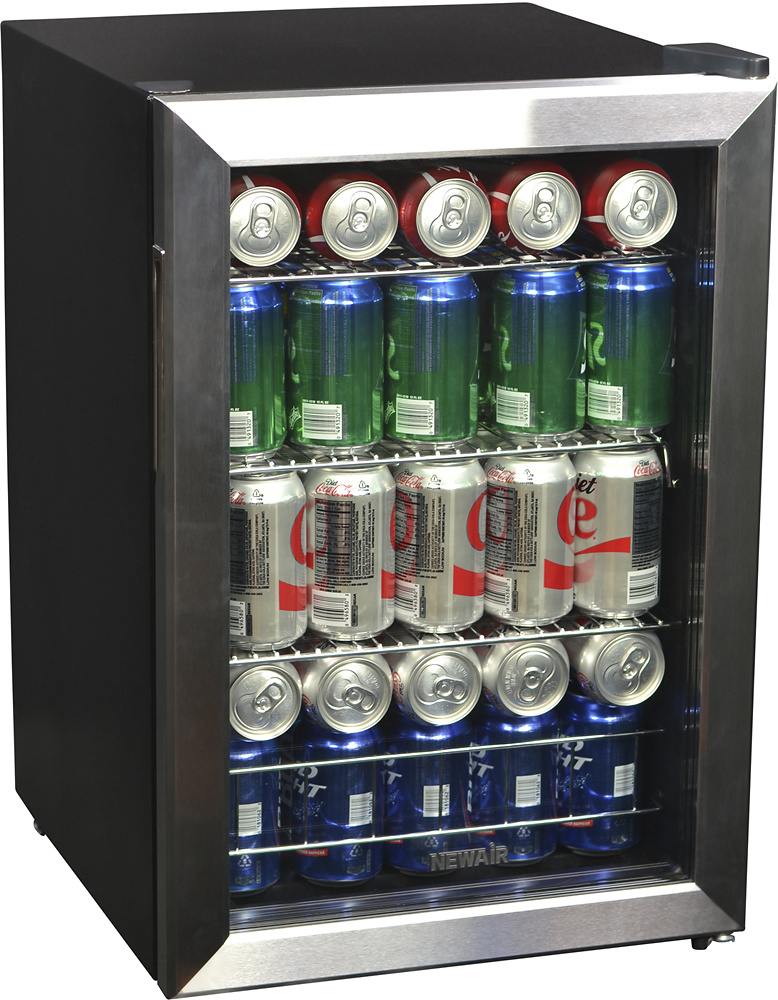 Angle. NewAir - 90-Can Freestanding Beverage Fridge, Compact with Adjustable Shelves and Lock - Stainless steel.