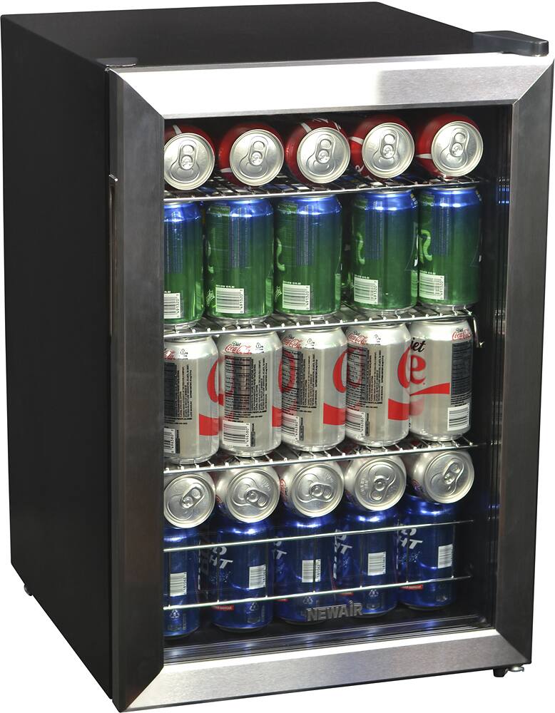 Angle. NewAir - 90-Can Freestanding Beverage Fridge, Compact with Adjustable Shelves and Lock - Stainless steel.