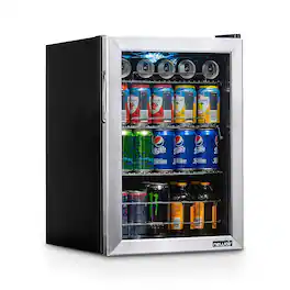 NewAir - 90-Can Freestanding Beverage Fridge, Compact with Adjustable Shelves and Lock - Stainless Steel