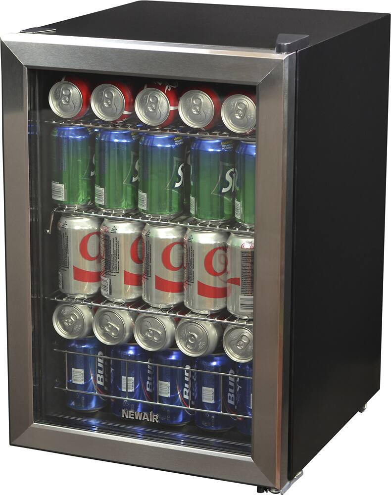 Left. NewAir - 90-Can Freestanding Beverage Fridge, Compact with Adjustable Shelves and Lock - Stainless steel.