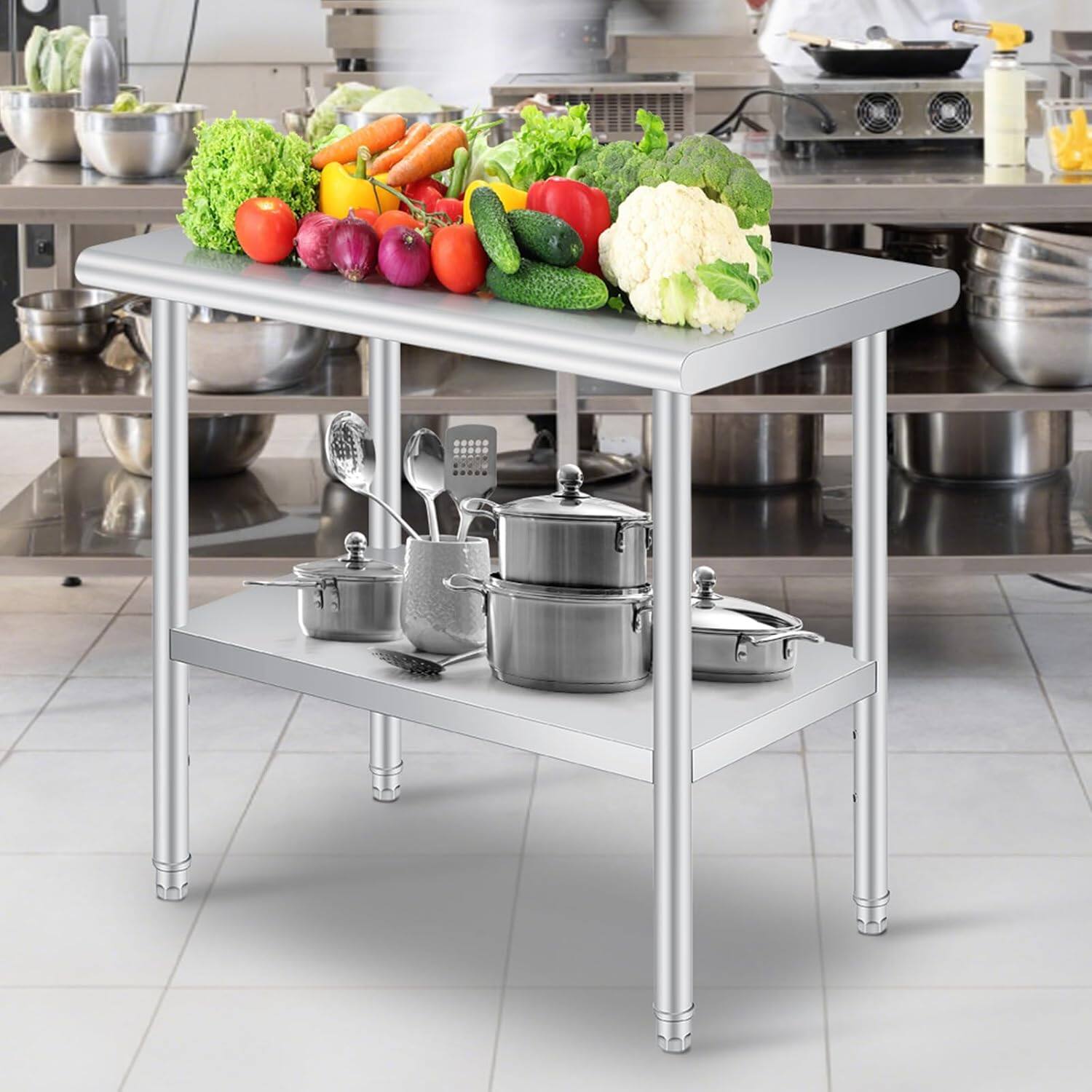 Angle. Acekool - 30"x60" Stainless Steel Work Table with Adjustable Undershelf & Rounded Corners, Heavy Duty Commercial Prep,No wheels - Silver.