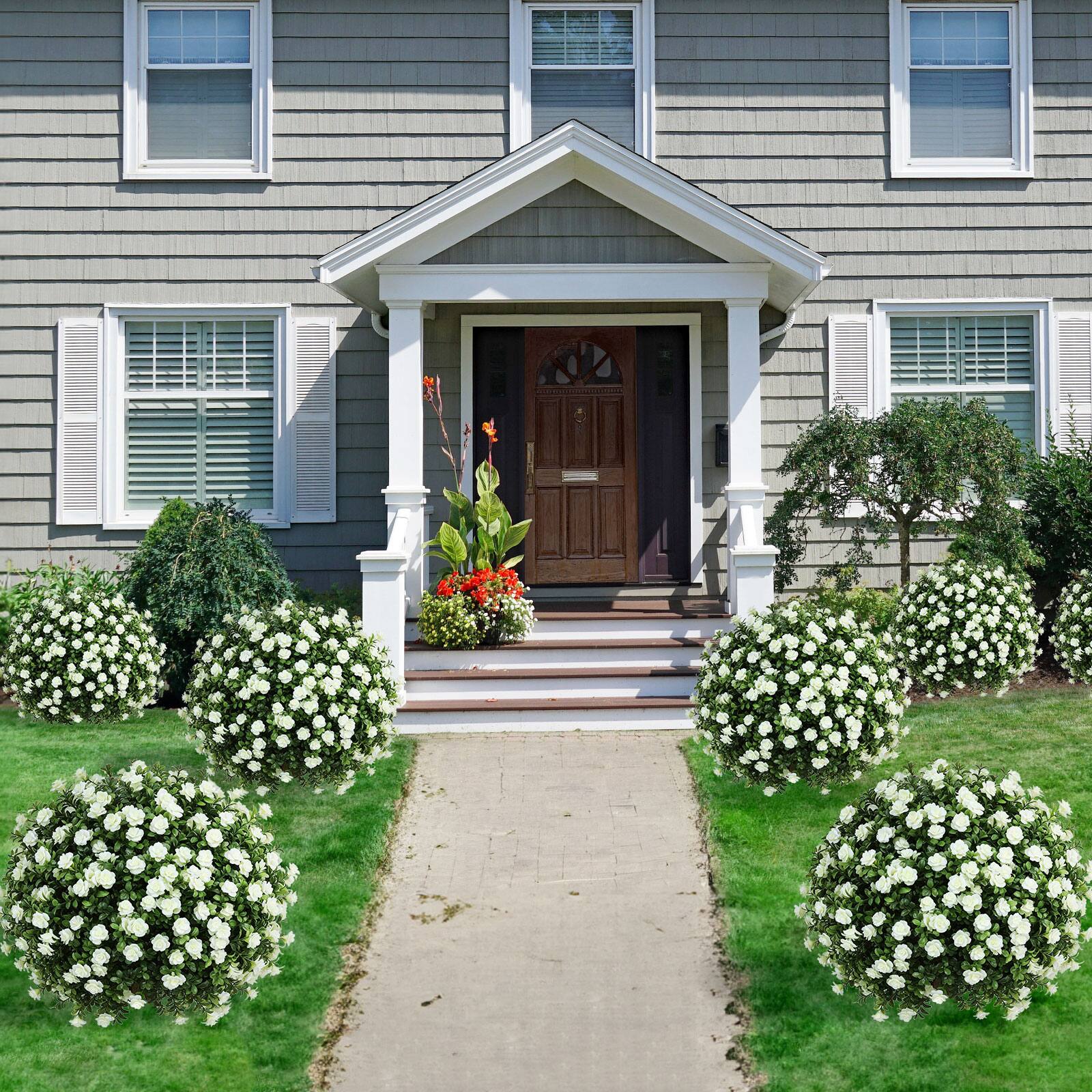 Angle. Oumilen - 2 Pack Artificial White Rose Topiary Trees – UV Resistant Outdoor Fake Plants with Stakes, 26.3in for Garden Yard - White.