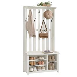 Songmics Home - Hall Tree with Bench and Shoe Storage, Coat Rack with Shoe Bench, 7 Double Hooks for Jackets, Hats, Entryway, Bedroom - Rustic White