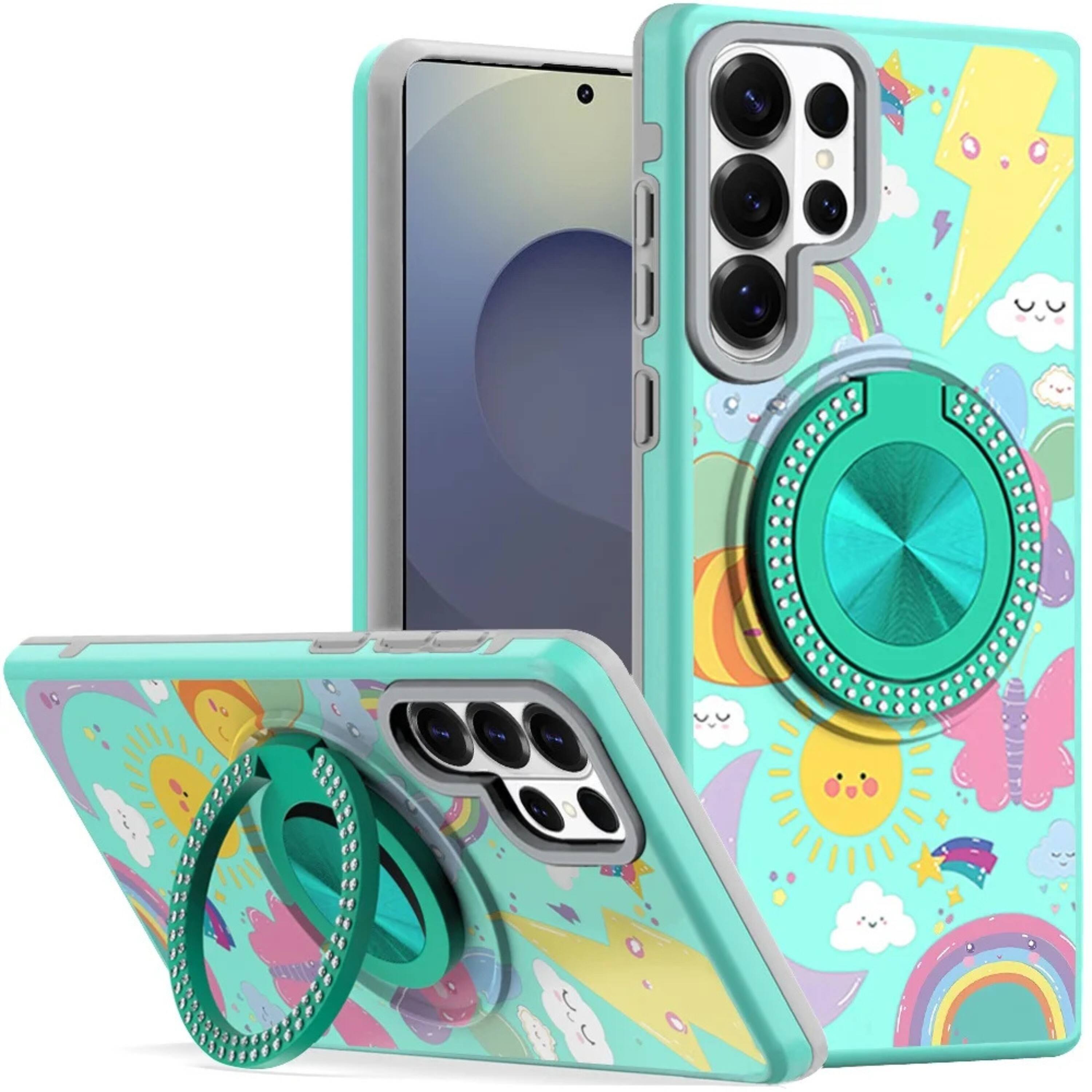 Front. Kitcheniva - Stylish Bling Ring Stand Protective Case With Tempered Glass For Samsung S26 Ultra Celestial Sun - Green.