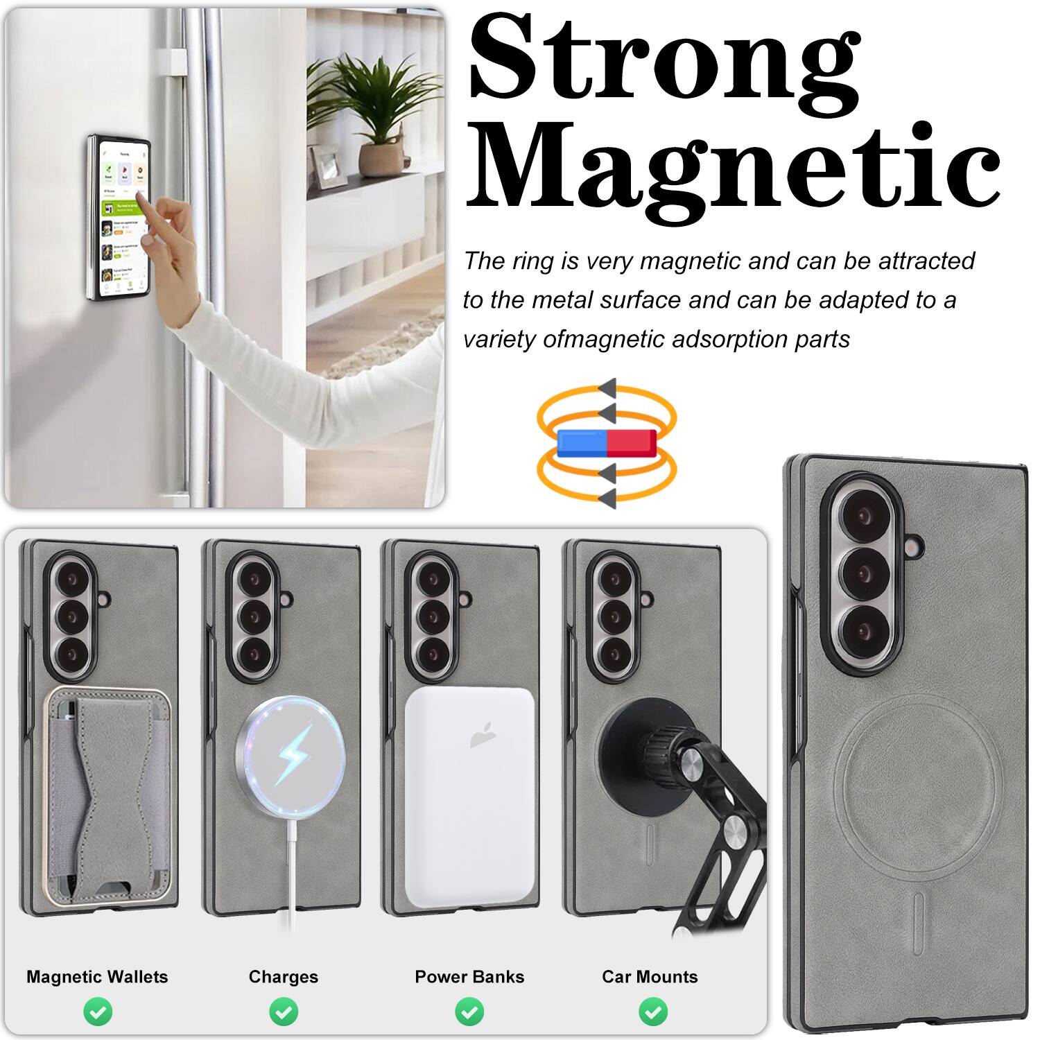 Strong Magnetic

The ring is very magnetic and can be attracted to the metal surface and can be adapted to a variety of magnetic adsorption parts

- Magnetic Wallets
- Charges
- Power Banks
- Car Mounts