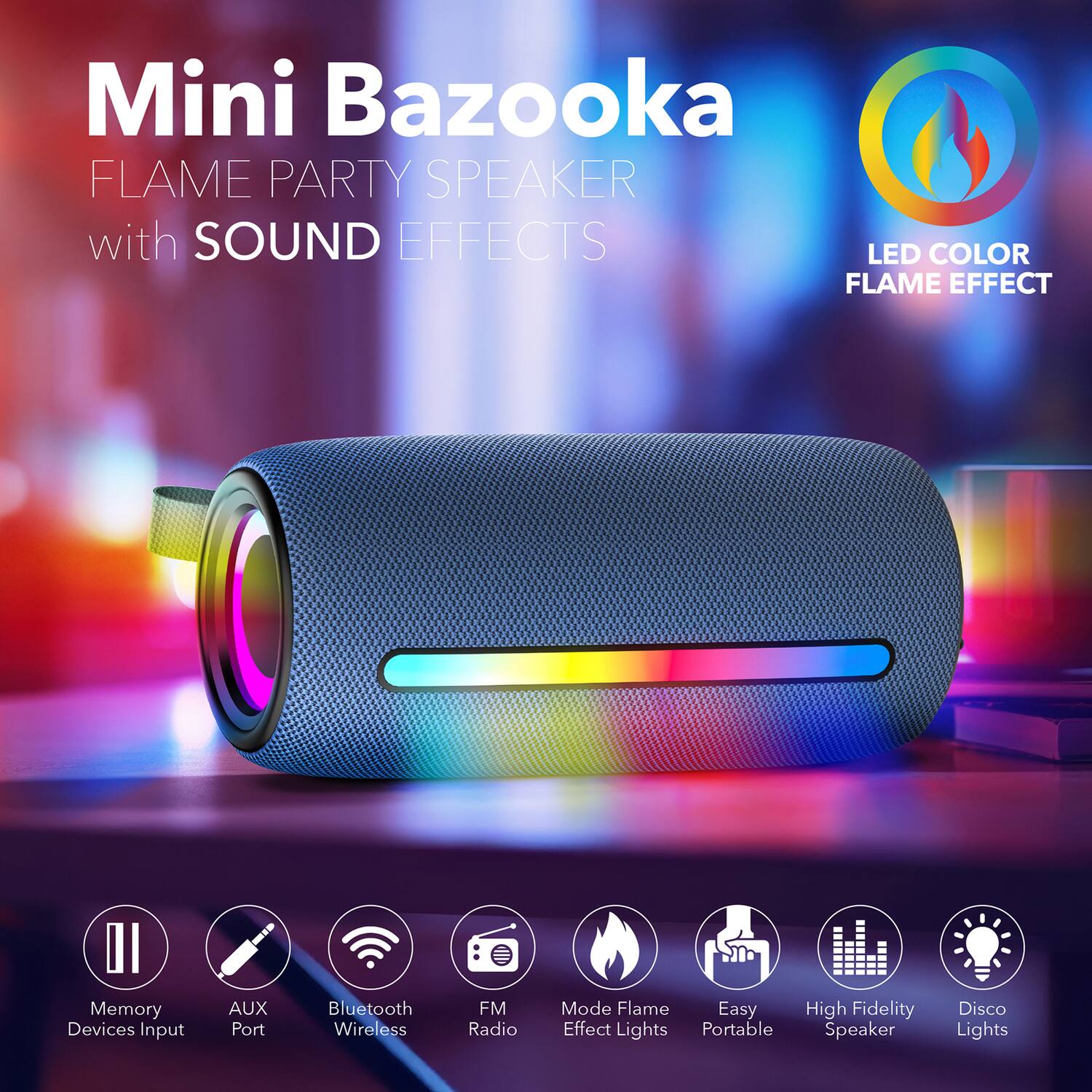Mini Bazooka FLAME PARTY SPEAKER with SOUND EFFECTS LED COLOR FLAME EFFECT II Memory Devices Input AUX Port Bluetooth Wireless FM Radio Mode Flame Easy High Fidelity Effect Lights Portable Speaker Disco Lights