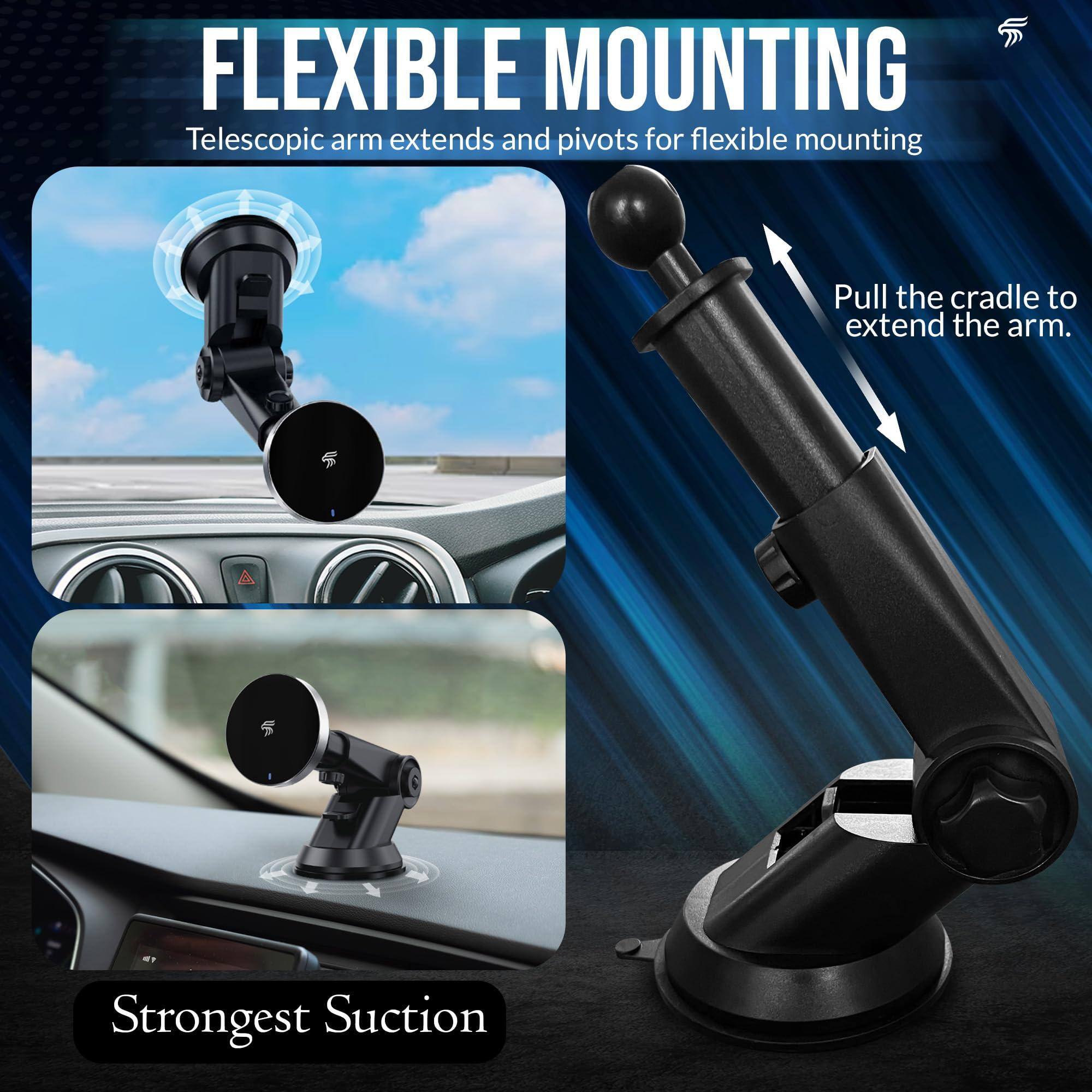 FLEXIBLE MOUNTING  
Telescopic arm extends and pivots for flexible mounting  

Pull the cradle to extend the arm.  

Strongest Suction