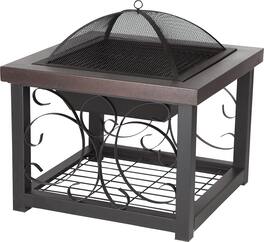 Fire Sense - Fire Pit Cocktail Square Table Wood Burning Steel Mesh Spark Screen Wood Grate Screen Lift Steel Firepit - Hammertone Bronze