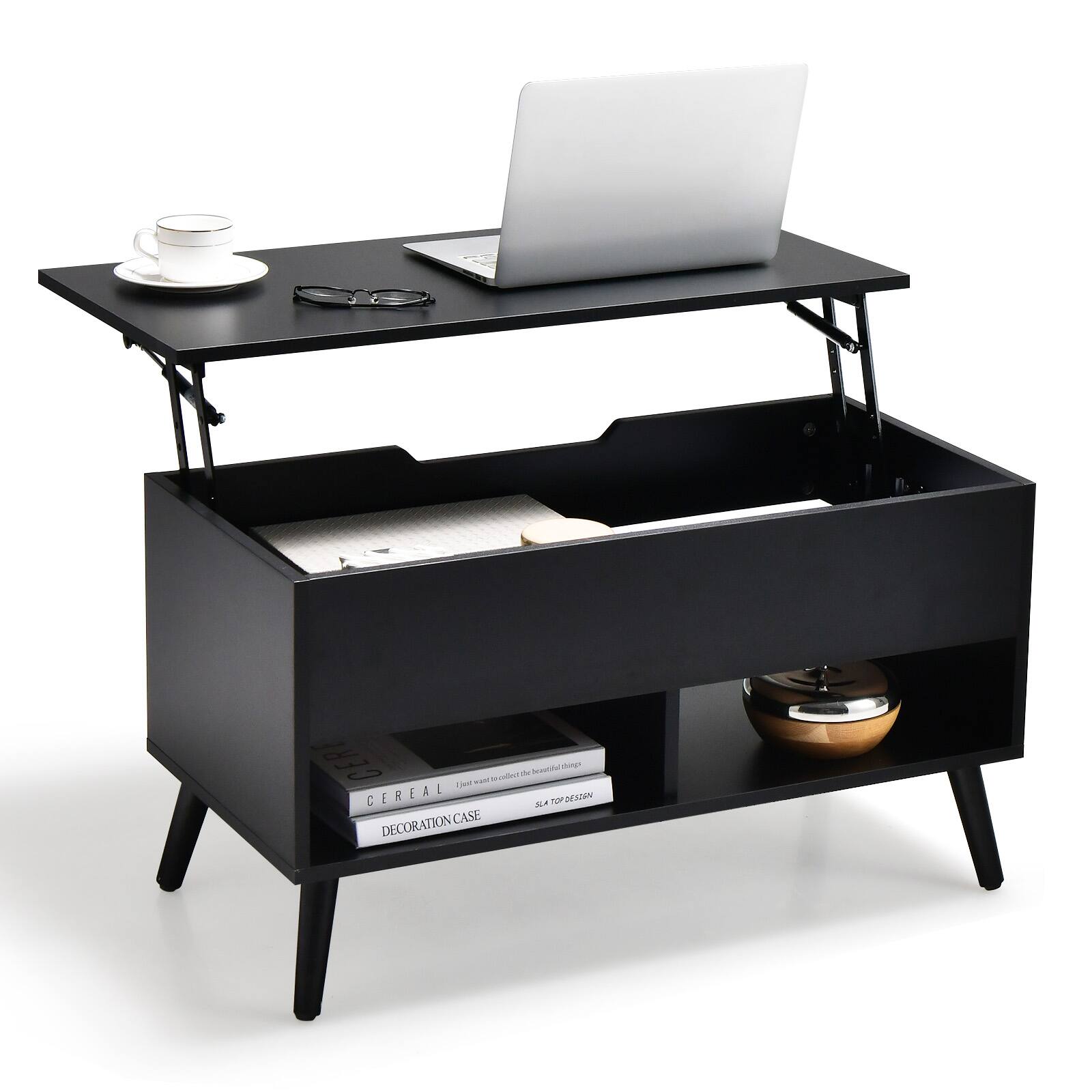 Costway - 31.5'' Lift Top CoffeeTable ModernTable W/ Hidden Compartment&Wood Legs For Home - Black