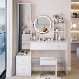 LUCKY ONE - 17in Round LED Mirror Vanity Set with Full Body Mirror Cabinet, Multi-Layer Storage and Stool - White