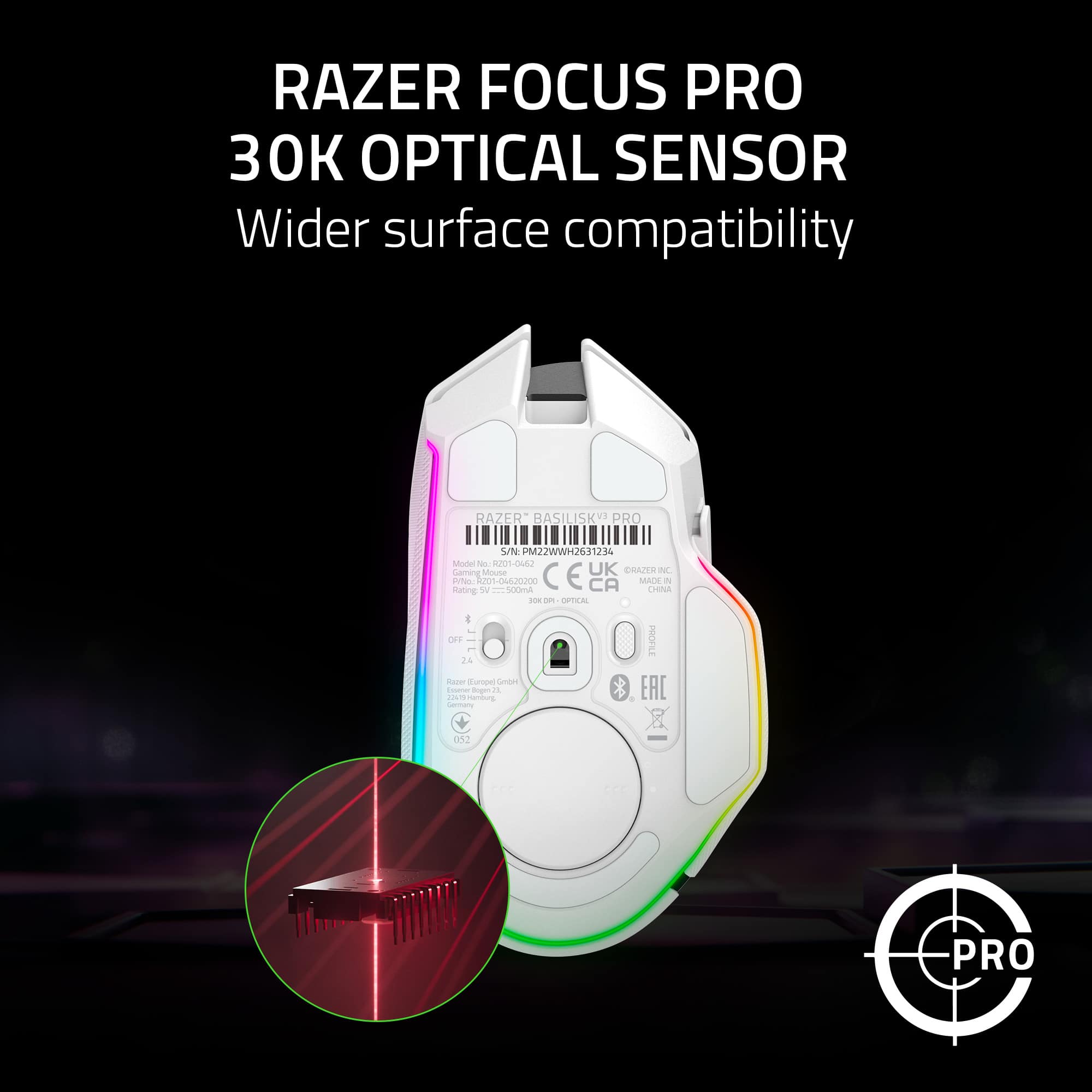 RAZER FOCUS PRO 30K OPTICAL SENSOR Wider surface compatibility RAZER BASILISK PRO S/N PM27WH221121 Monel - 0L2 Gaming sequel C UK 6042TS Ovits Rating 1a 201-066J30J00 n.doa E CA MACE CHIN d - o OPTICAL 1 - OFT - - 2 nave nunon Sondes Eee dnge2s 11 commains - - . EAC PRO