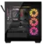 The image shows a computer case with a colorful and vibrant design. Inside the case, there are various components, including a CPU, a GPU, and a fan. The fan is positioned on the right side of the case, while the GPU is located in the middle. The case has a black and white color scheme, with the fan featuring a rainbow design. The computer case is open, revealing the internal components and their arrangement.