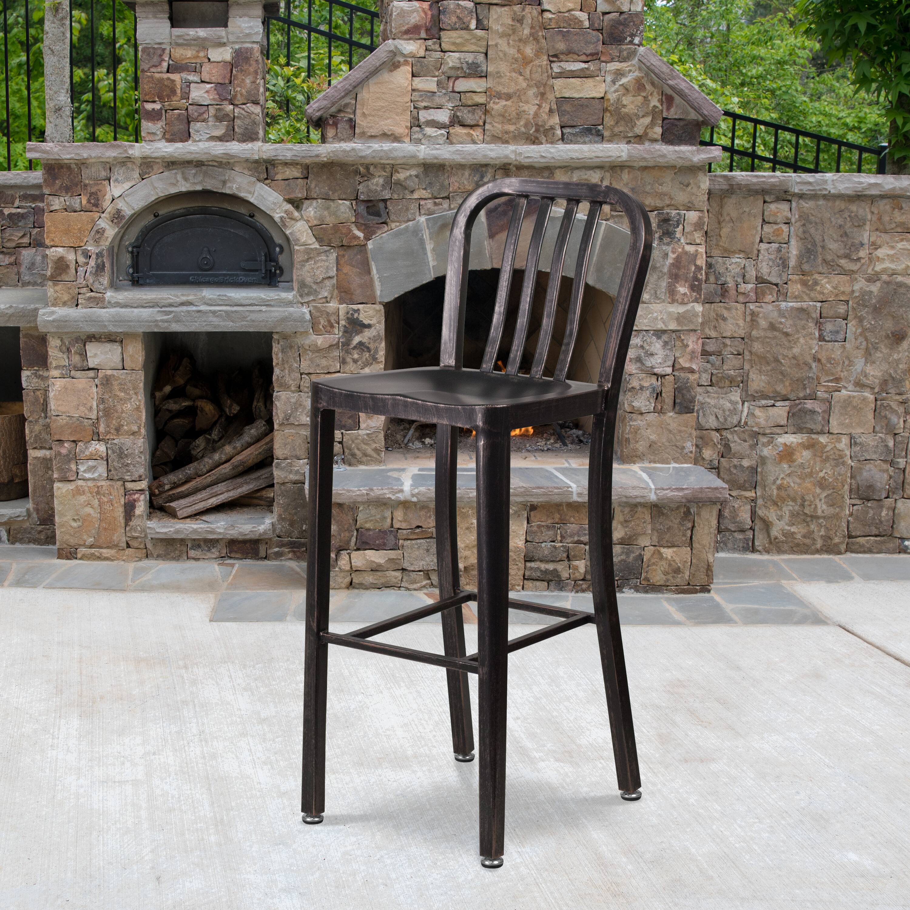 Alt View 1. Emma + Oliver - Commercial Grade 30"H Colorful Metal Indoor-Outdoor Vertical Slat Back Barstool - Black-Antique Gold.