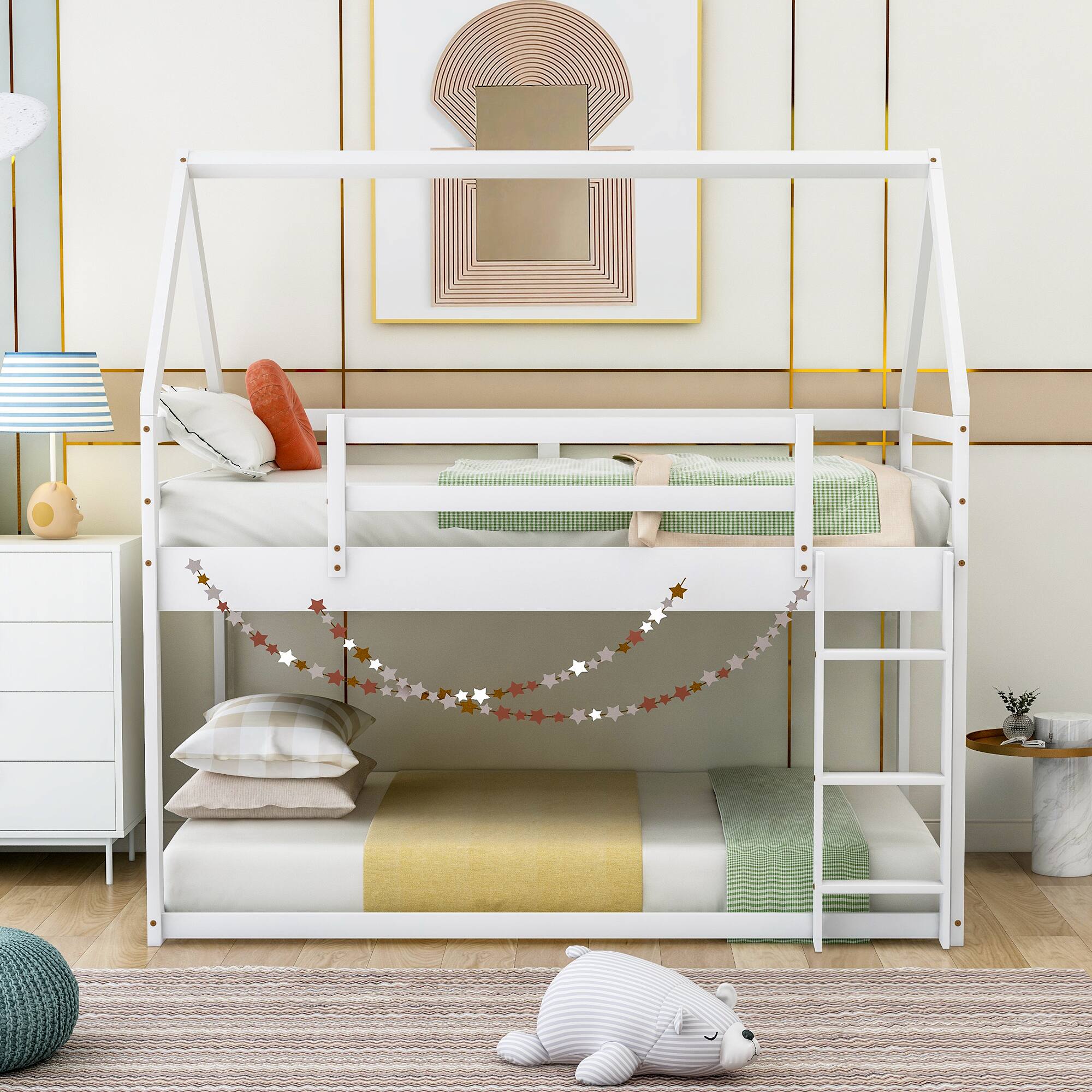 Angle. Aukfa - Twin over Twin Low Bunk Bed, House Bed with Ladder - White.