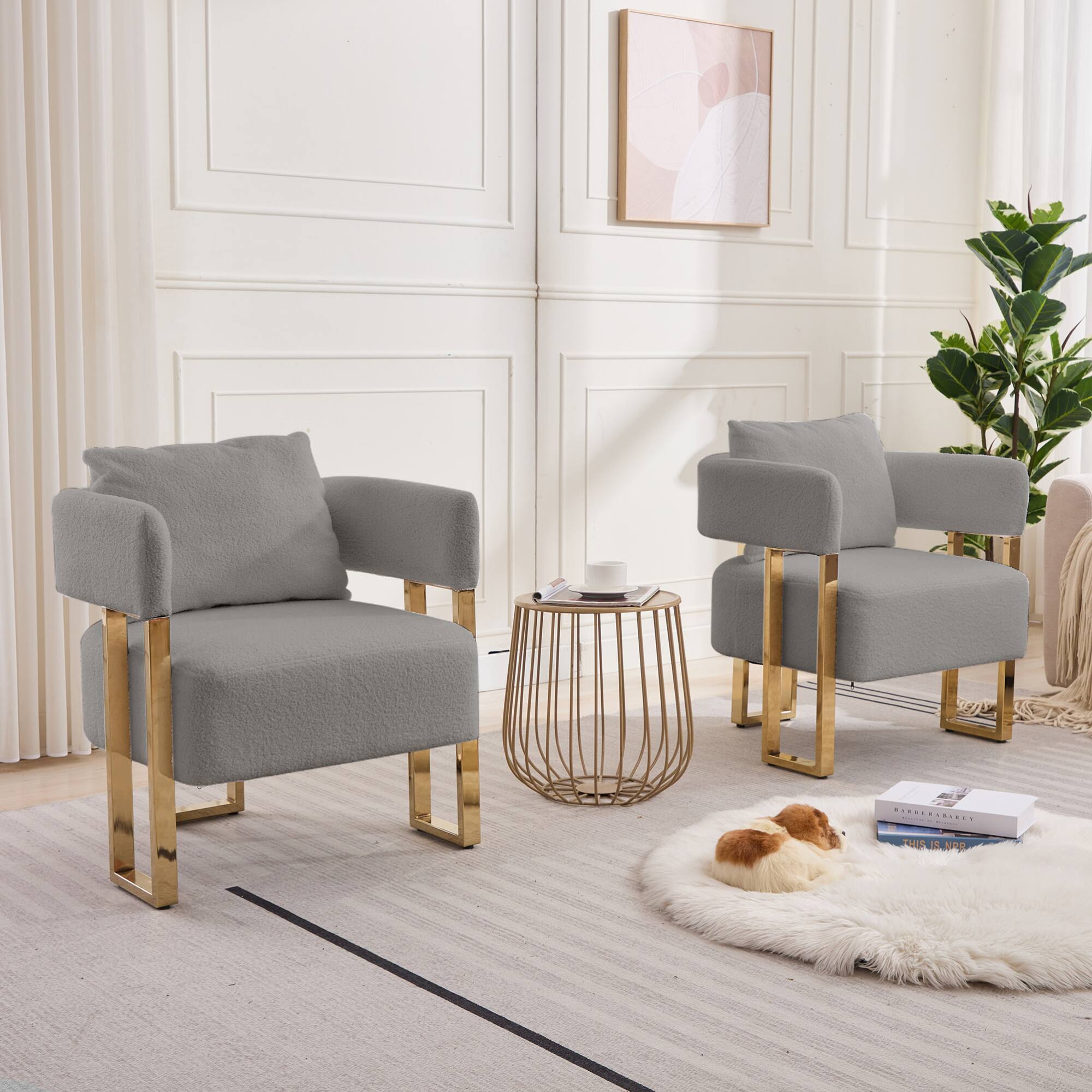 GOODSILO - Modern Decorative Chair Set with Gold Metal Legs and Plush Upholstery for Living Room and Office - Gray