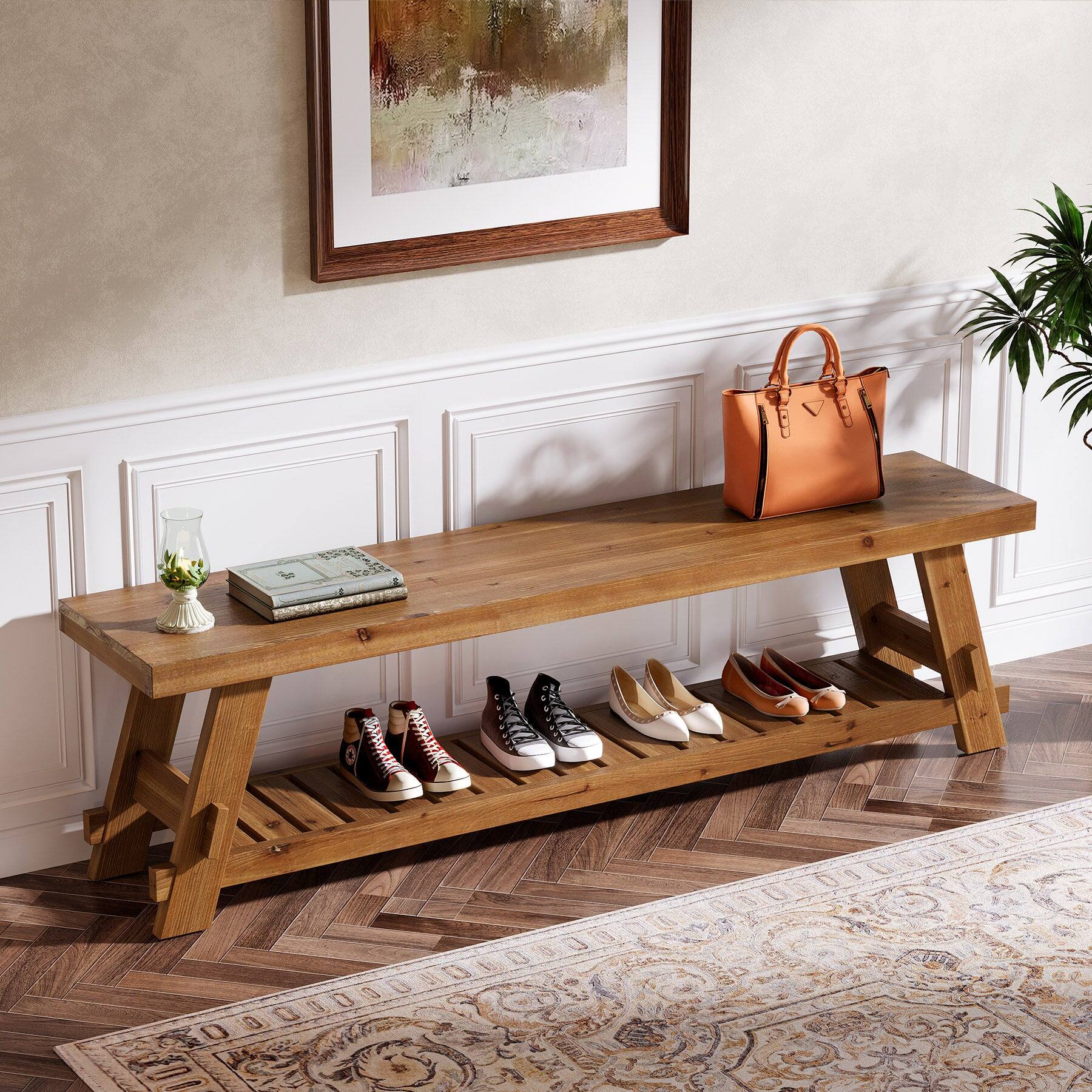 Alt View 1. Tribesigns - Office Reception Bench with Solid Wood Construction, Storage Shelves, for Office Entryways and Waiting Areas - Brown.