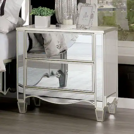 Front. Tiramisubest - Glam Silver Nightstand with Mirror Panels, Ornate Accents, and Crystal Knobs - Gray.