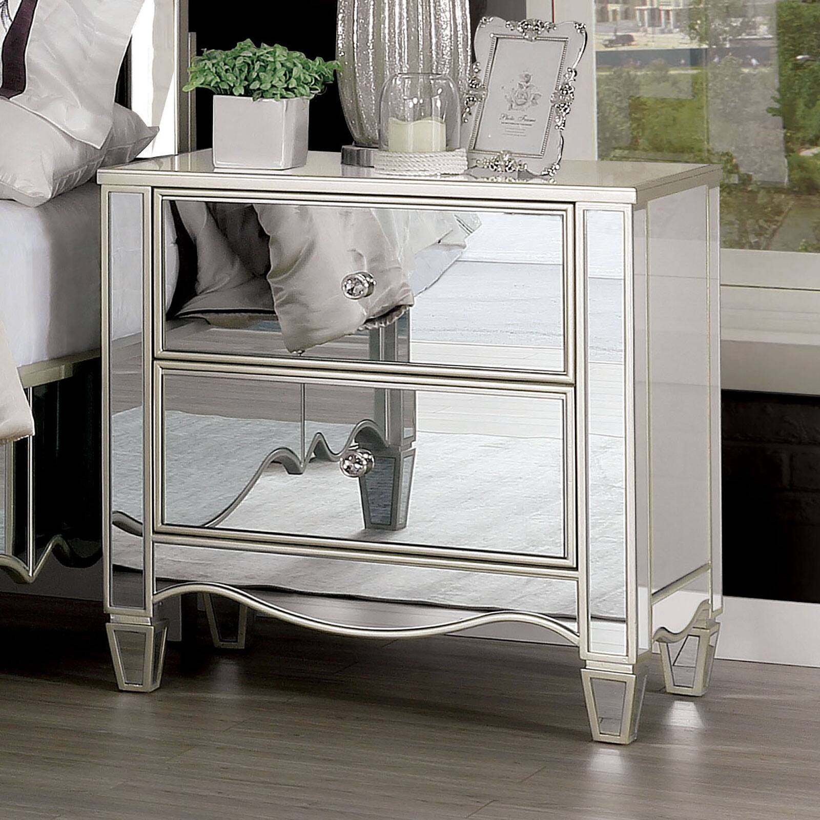 Front. Tiramisubest - Glam Silver Nightstand with Mirror Panels, Ornate Accents, and Crystal Knobs - Gray.