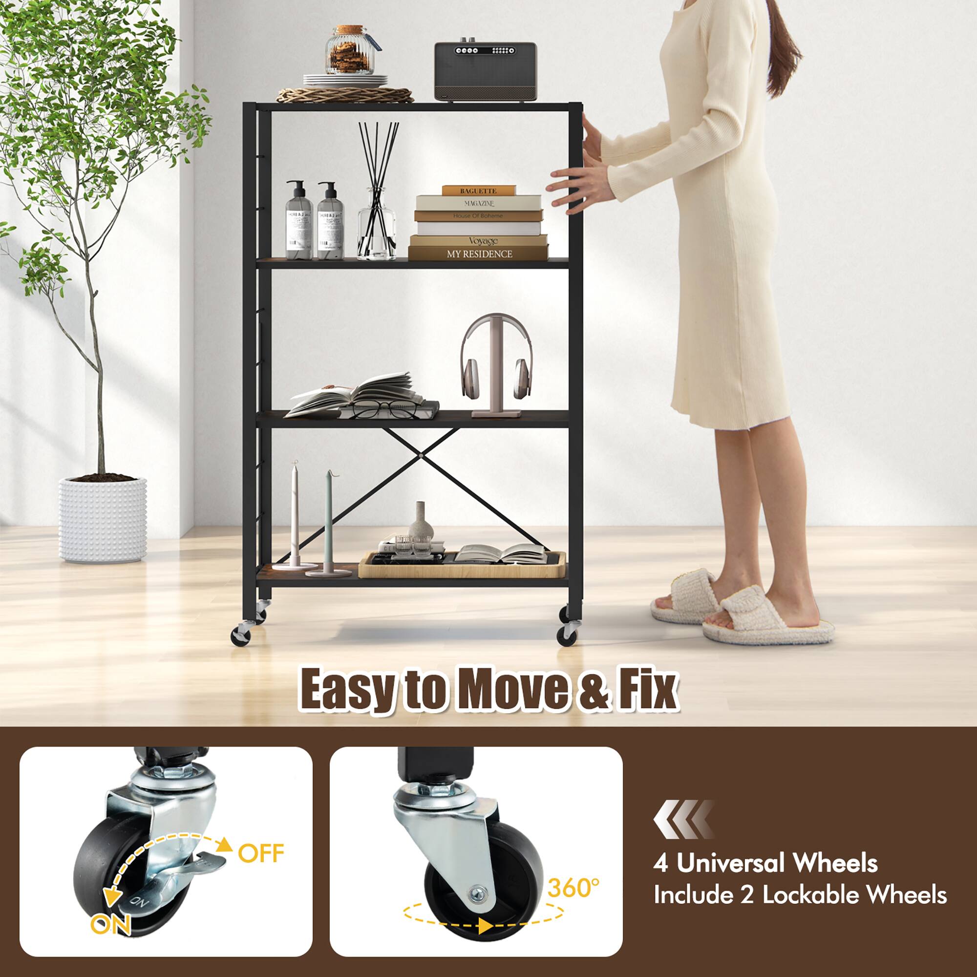 Alt View 5. Gymax - Gymax 4-tier Foldable Storage Shelf w/ Lockable Wheels Home Shelving Unit for Tool Room - Black, Rustic Brown.