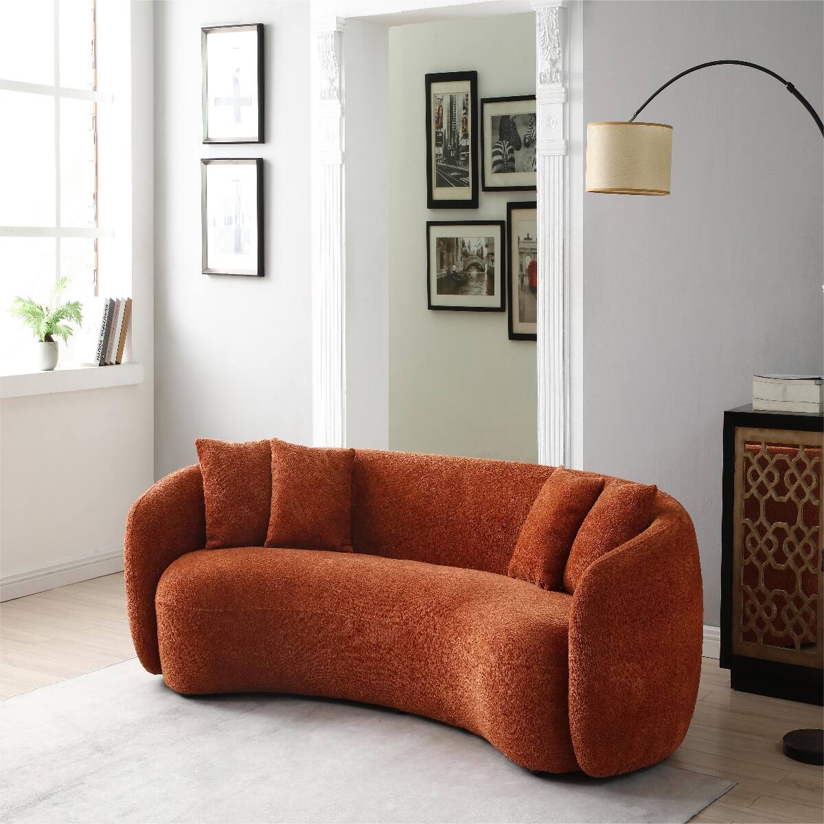 Alt View 1. Ropilly - Ropilly Curved Boucle Sofa, Half Moon Sectional 5 Seater Couch in Orange with 4 Throw Pillows - Orange.