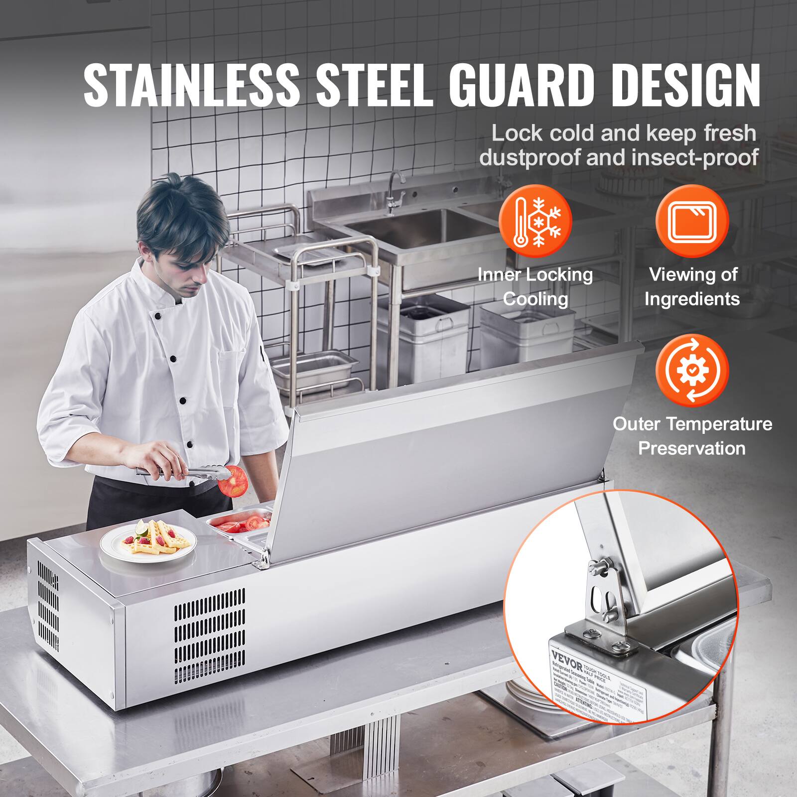 STAINLESS STEEL GUARD DESIGN  
Lock cold and keep fresh dustproof and insect-proof  

- Inner Locking Cooling  
- Viewing of Ingredients  
- Outer Temperature Preservation  

VEVOR - Co - 2 -.. Chon - - - - - aA -