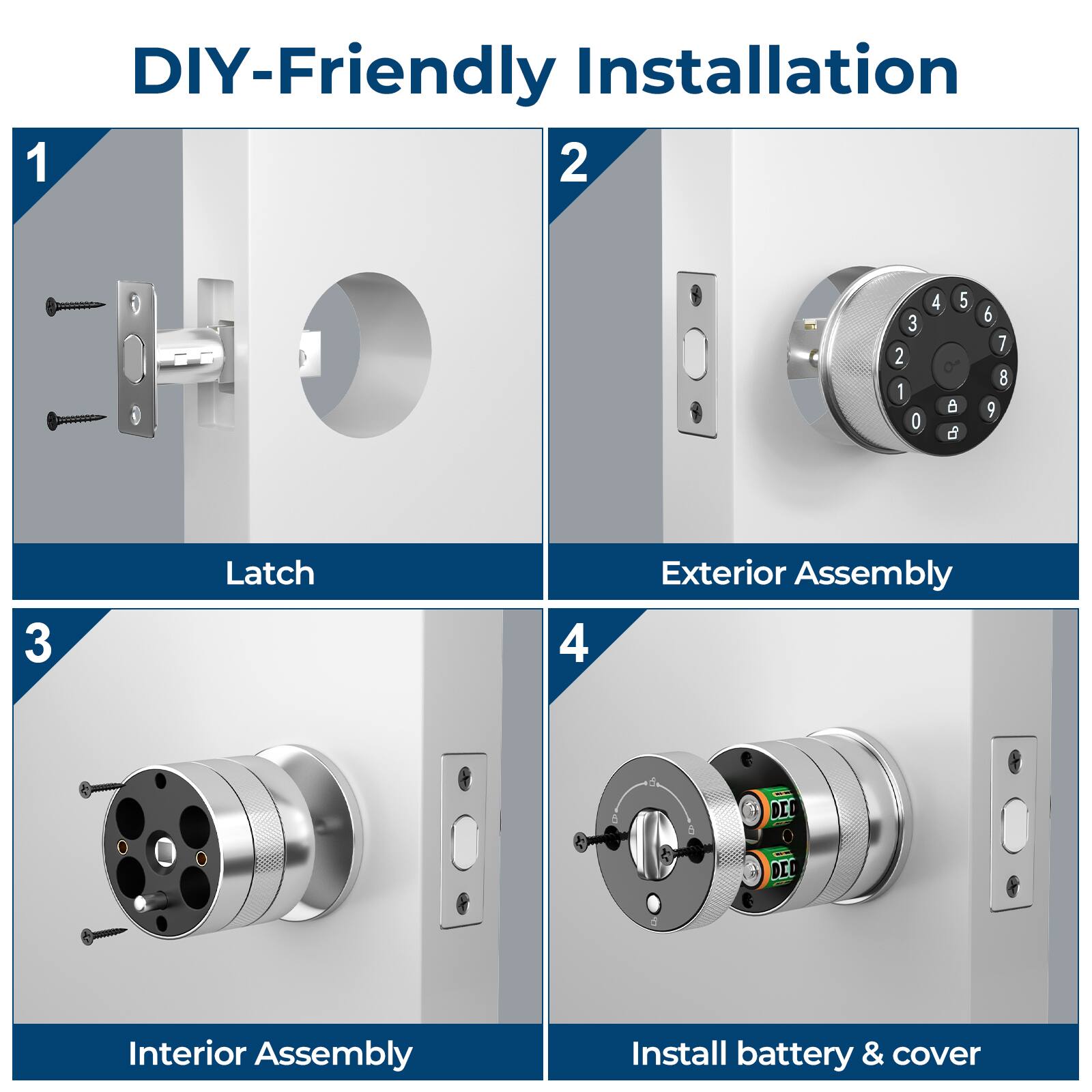 DIY-Friendly Installation

1. Latch
2. Exterior Assembly
3. Interior Assembly
4. Install battery & cover