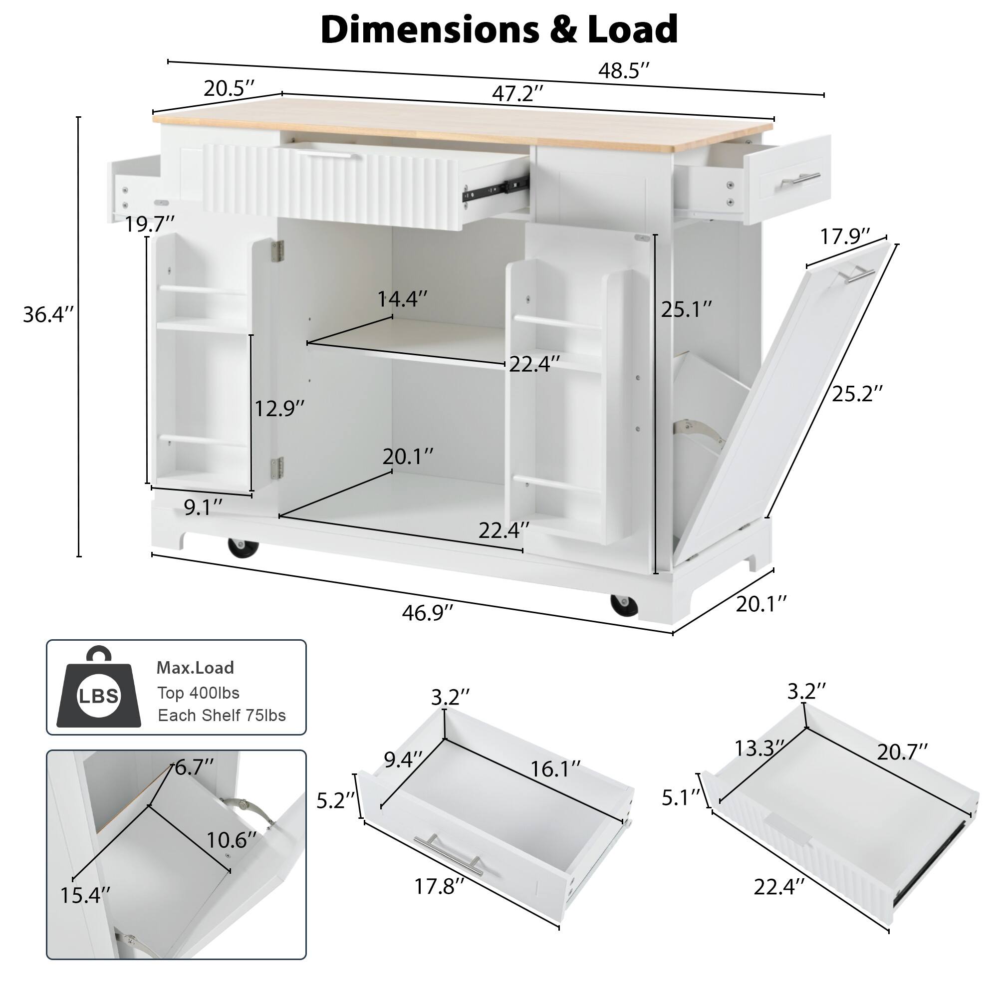Dimensions & Load

- Width: 48.5"
- Depth: 47.2"
- Height: 36.4"
- Top Shelf: 20.5" (width) x 25.1" (depth)
- Drawer: 25.2" (width) x 17.9" (depth) x 2.4" (height)
- Cabinet: 20.1" (width) x 22.4" (depth) x 19.7" (height)
- Shelf: 20.1" (width) x 22.4" (depth) x 12.9" (height)
- Bottom Shelf: 20.1" (width) x 22.4" (depth) x 9.1" (height)
- Total Height: 46.9"
- Drawer Height: 25.1"
- Shelf Height: 14.4"
- Bottom Shelf Height: 12.9"
- Side Cabinet: 20.1" (width) x 17.9" (depth) x 25.2" (height)
-