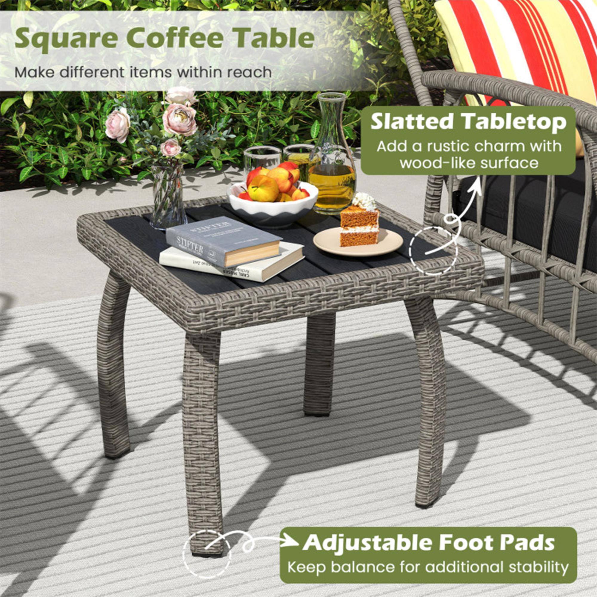 Square Coffee Table  
Make different items within reach  

Slatted Tabletop  
Add a rustic charm with wood-like surface  

Adjustable Foot Pads  
Keep balance for additional stability