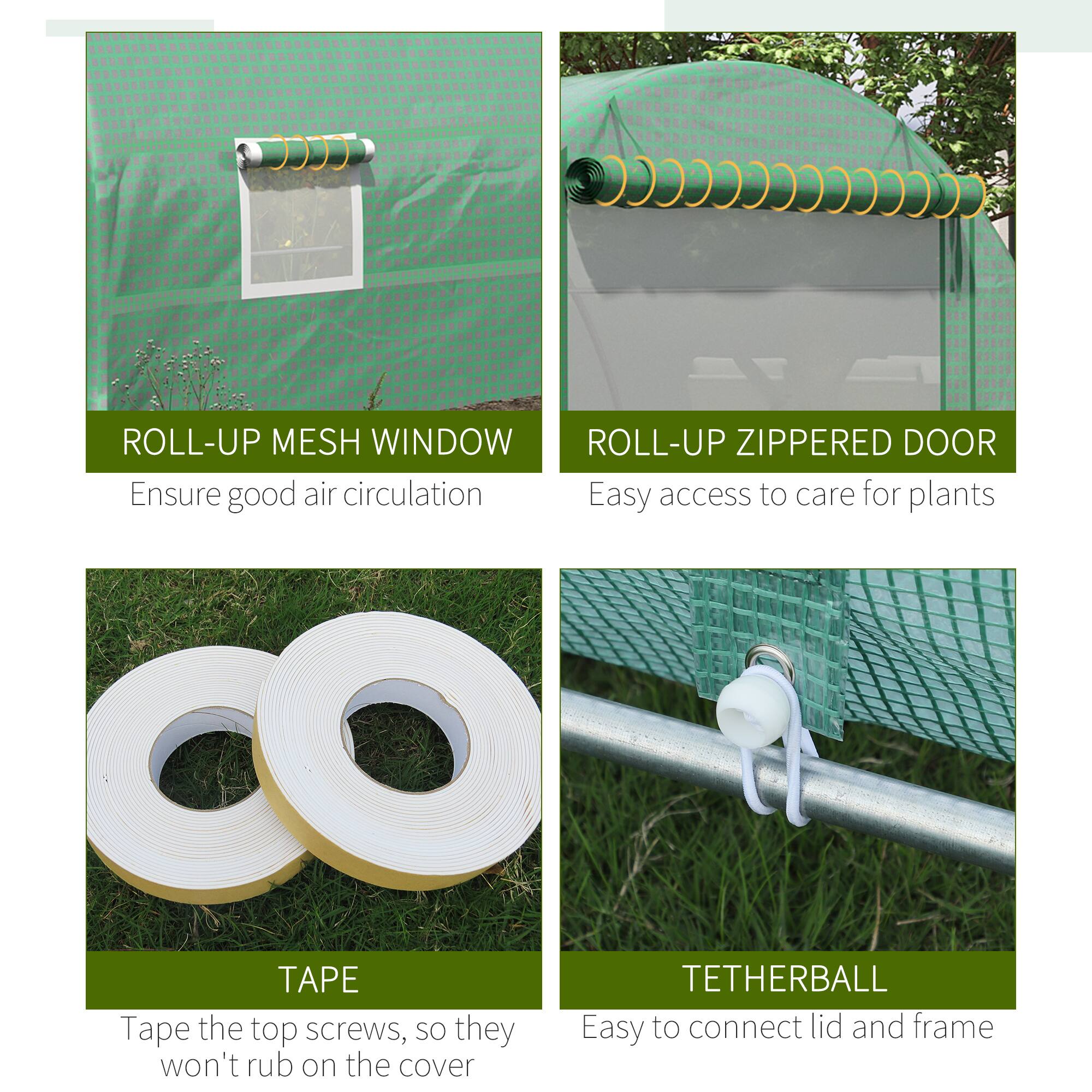 ROLL-UP MESH WINDOW  
Ensure good air circulation  

ROLL-UP ZIPPERED DOOR  
Easy access to care for plants  

TAPE  
Tape the top screws, so they won't rub on the cover  

TETHERBALL  
Easy to connect lid and frame