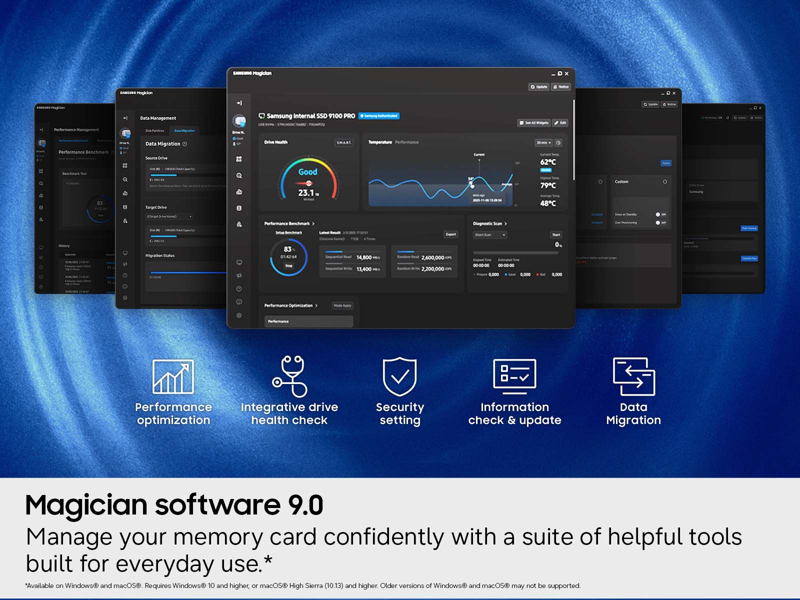 Samsung Internal SSD 9100 PRO  
Data Management  
Performance  
Data Migration  
Temperature: 62°C, 79°C, 48°C  
Performance Benchmark  
- Sequential Read: 14,800 MB/s  
- Sequential Write: 13,400 MB/s  
- Random Read: 2,600,000 IOPS  
- Random Write: 2,200,000 IOPS  
- SMART: Good 23.1%  

Magician software 9.0  
Manage your memory card confidently with a suite of helpful tools built for everyday use.  
*Available on Windows® and macOS®. Requires Windows® 10 and higher, or macOS® High Sierra (10.13) and higher. Older versions of Windows® and macOS® may not be supported.  

Features:  
- Performance optimization  
- Integrative drive health check  
- Security setting  
- Information check & update  
- Data Migration