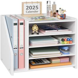Paradigms Interiors - Wood Paper Tray Organizer For Desk - 5 Tier Top File Storage Office Workspace Desktop Organization Stationa - White