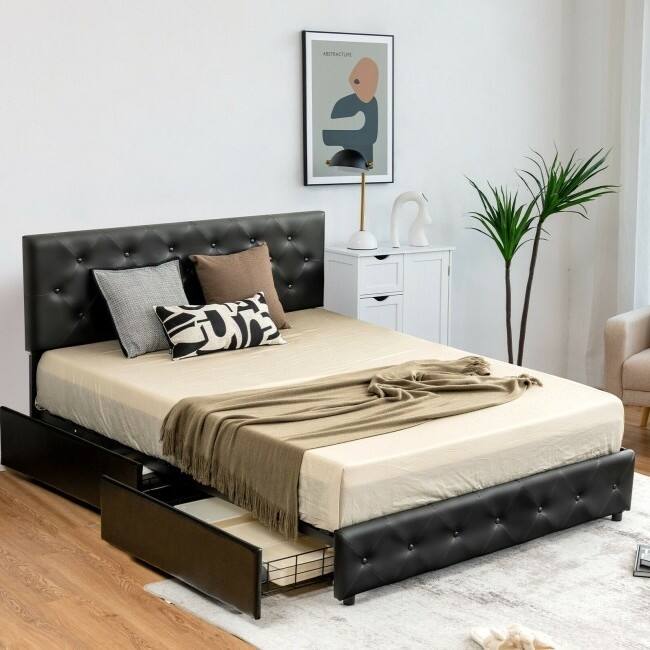 Left. Hivvago - Hivvago Full Size PU Leather Button Tufted Platform Bed with 4 Storage Drawers - Black.