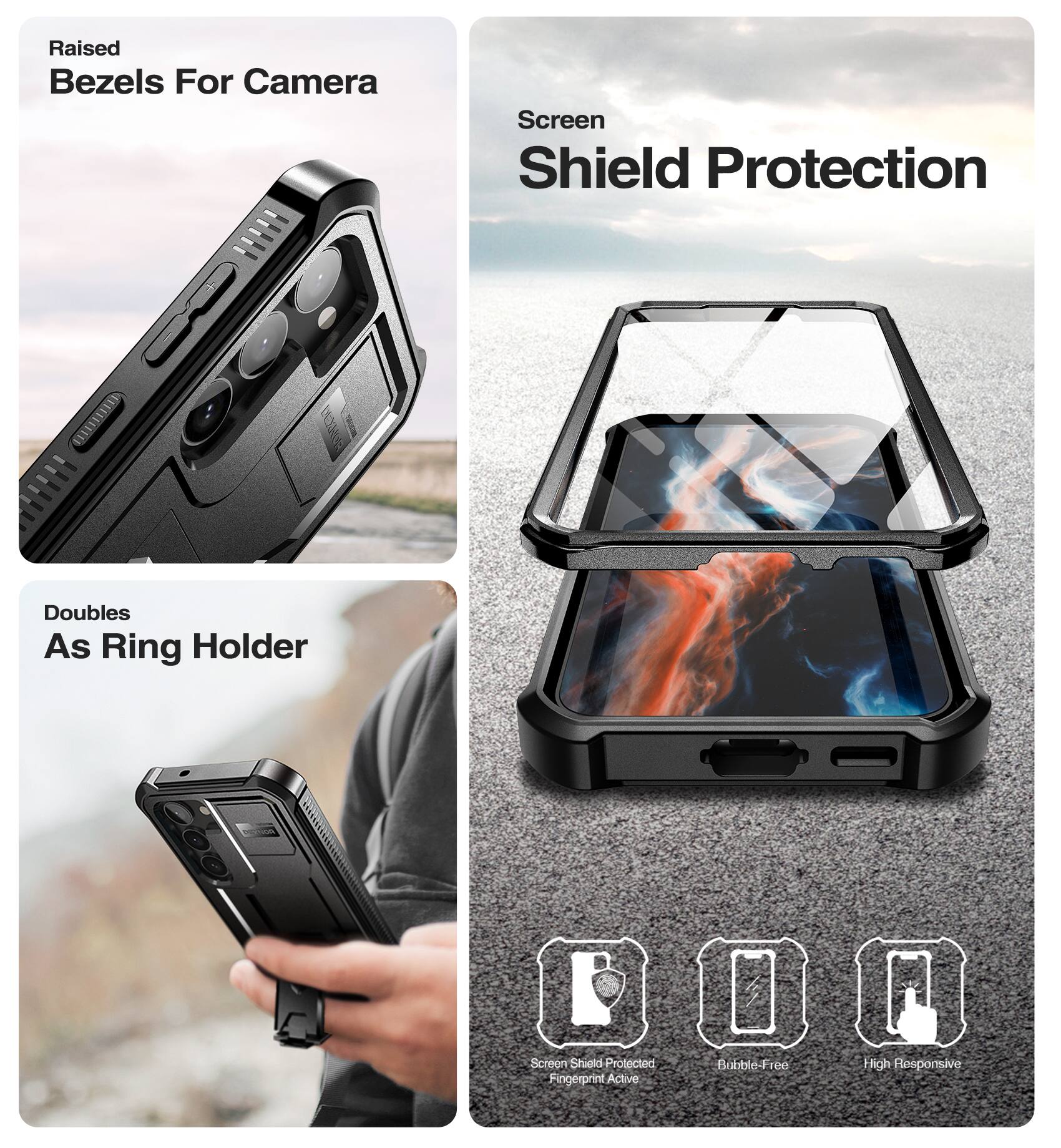 Raised Bezels For Camera, Screen Shield Protection, Doubles As Ring Holder, Screen Shield Protected, Fingerprint Active, Bubble-Free, High Responsive