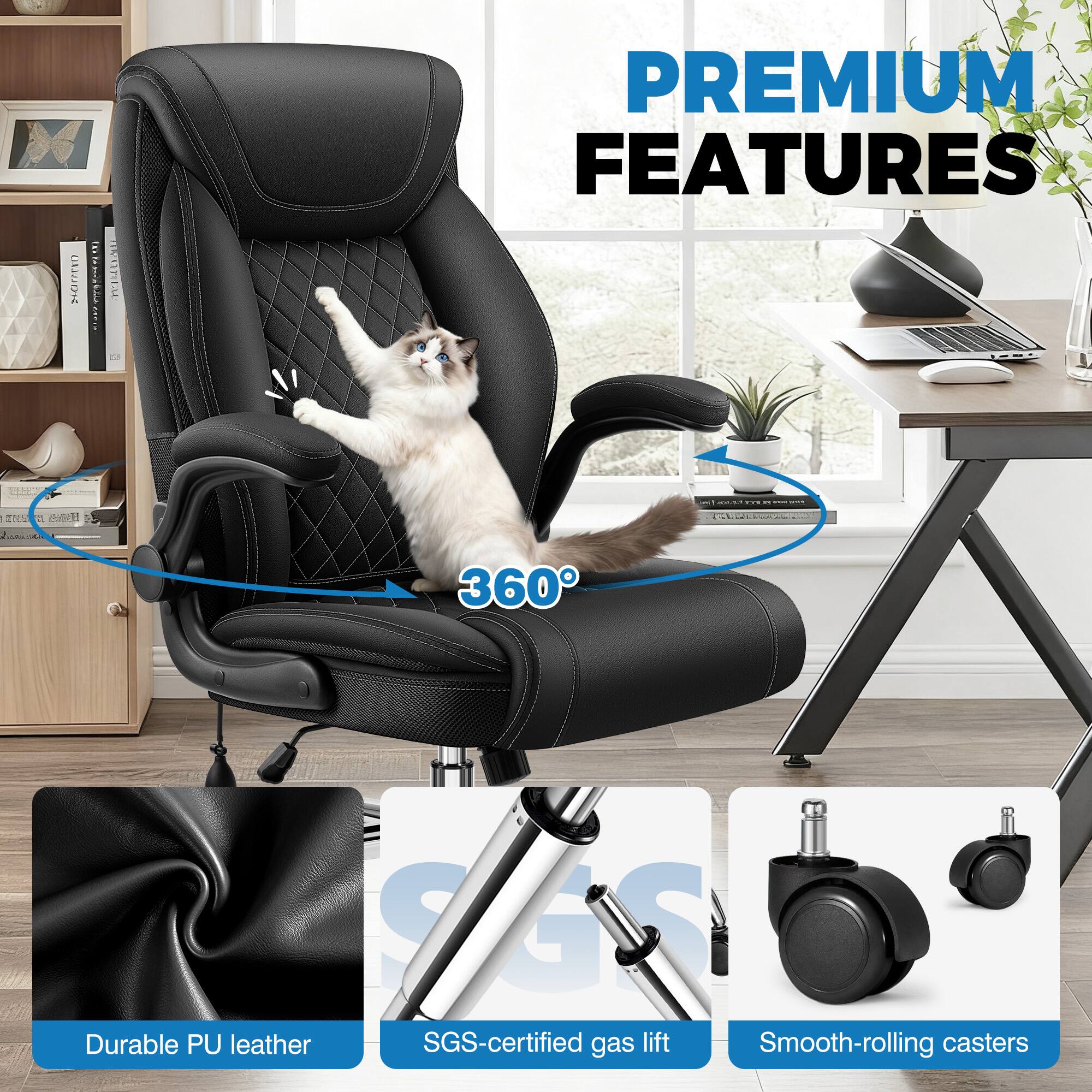 PREMIUM FEATURES

- 360°
- Durable PU leather
- SGS-certified gas lift
- Smooth-rolling casters