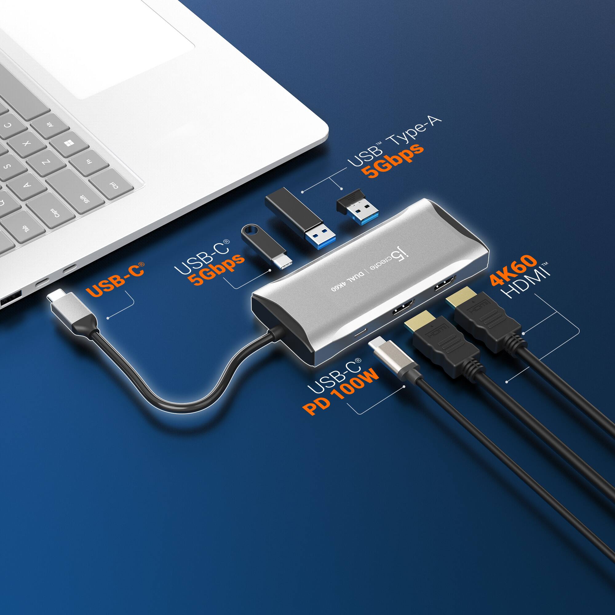 - USB-C 5Gbps
- USB Type-A 5Gbps
- USB-C 5Gbps
- USB-C PD 100W
- 4K60 HDMI