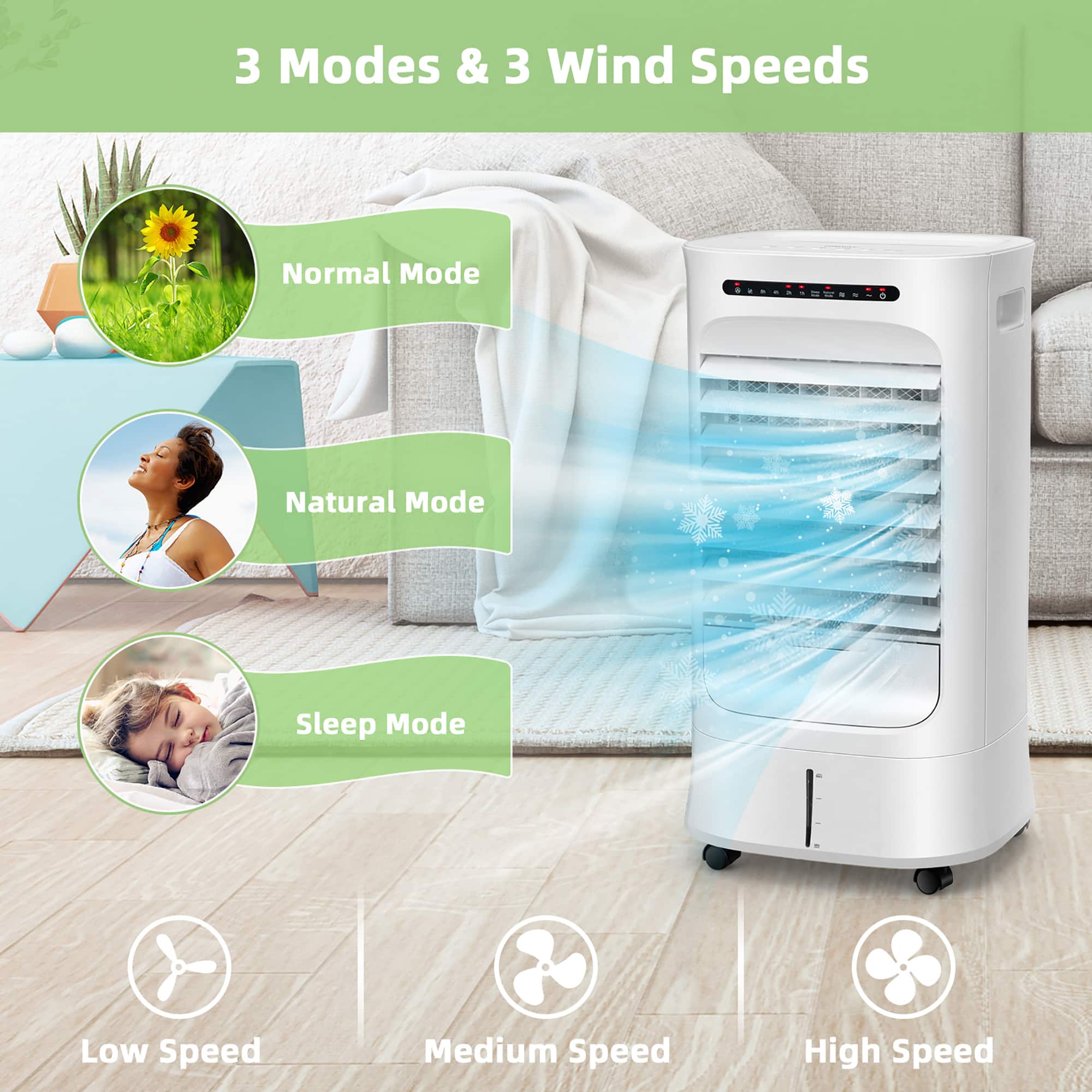 3 Modes & 3 Wind Speeds: Normal Mode, Natural Mode, Sleep Mode. Low Speed, Medium Speed, High Speed.