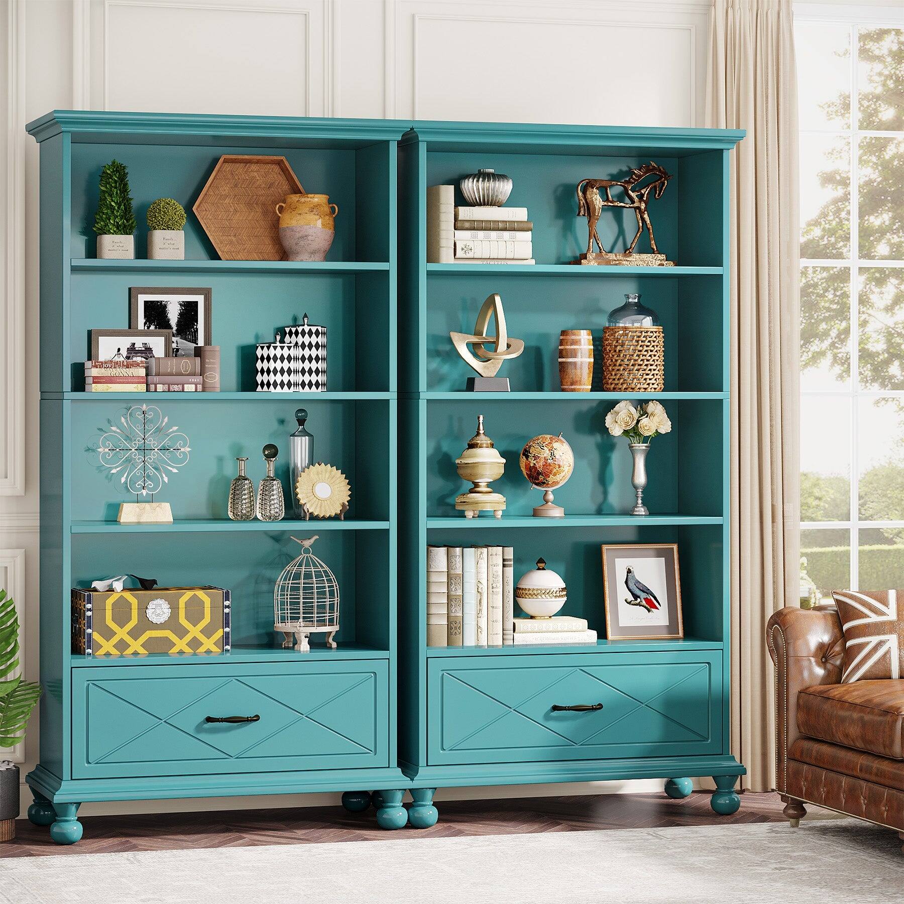 Alt View 4. Tribesigns - Solid Wood Bookshelf with Drawer Storage and Book and Decor Display for Living Room, Study and Kitchen - Ocean Blue.