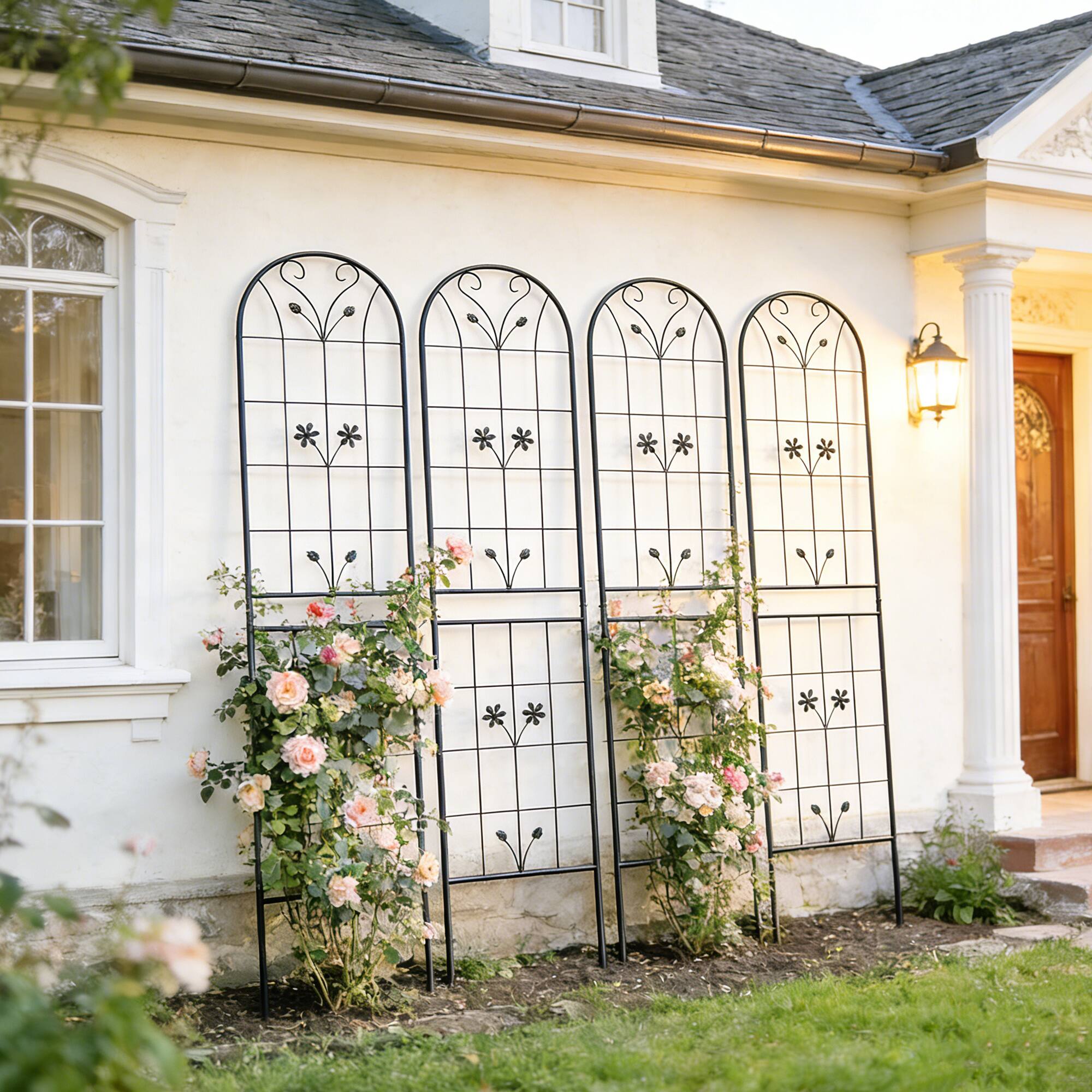 Back. Loheer - 4-Pack Metal Garden Trellis Panels for Climbing Plants, Outdoor Flower Support, Iron Construction - Black.