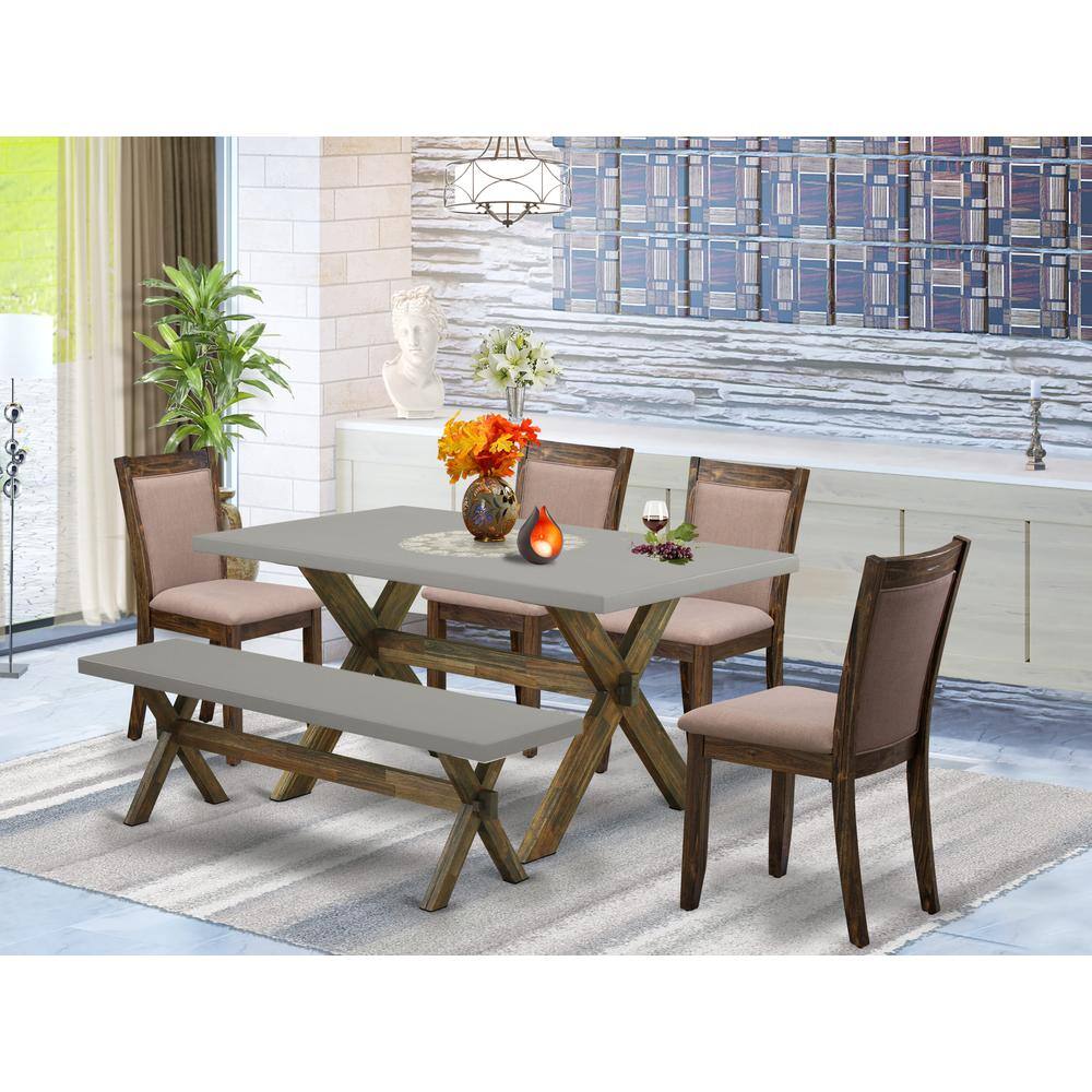 Angle. East West Furniture - East West Furniture 6-Pc Dining Set - 4 Dining Chairs, a Dining Bench and 1 Dining Table (Distressed Jacobean Finish) - Multi-Color.