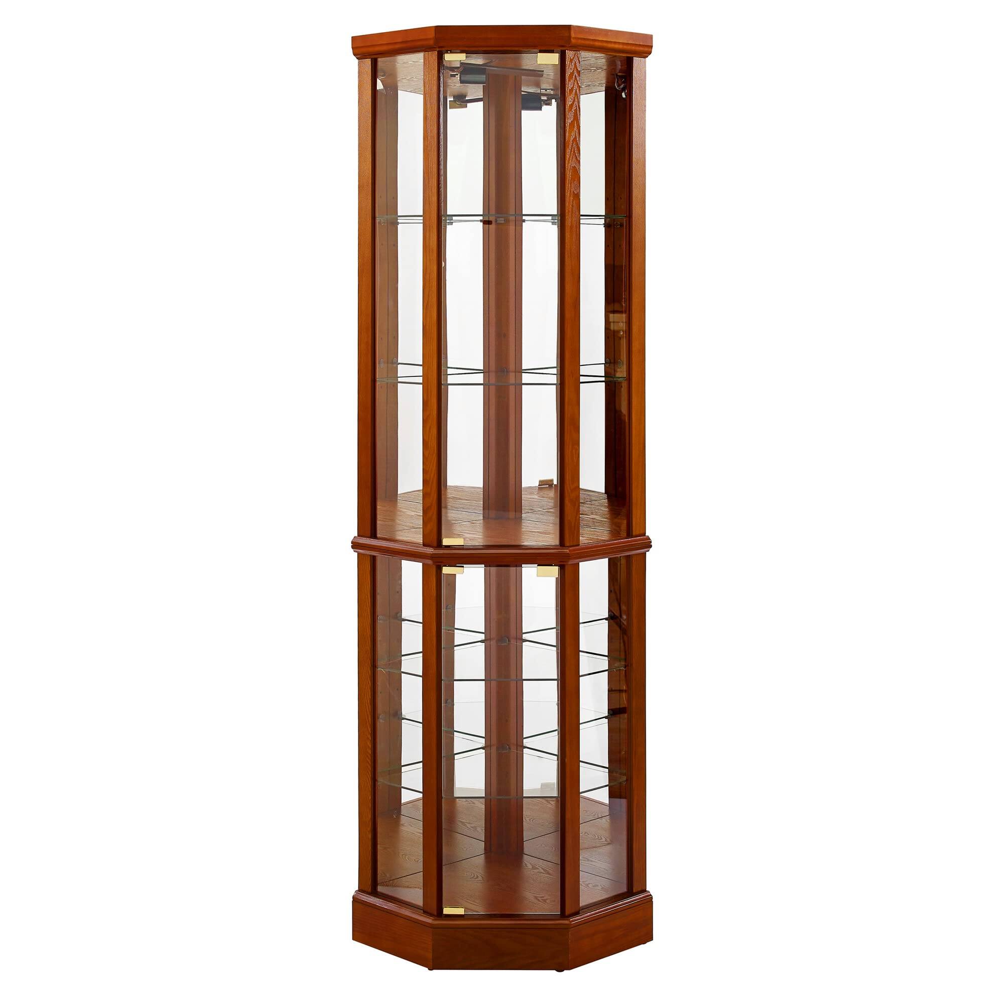 Alt View 2. APRILSOUL - Corner Curio Cabinet with Mirrored Panel Tempered Glass Shelves and Transitional Style - Oak.