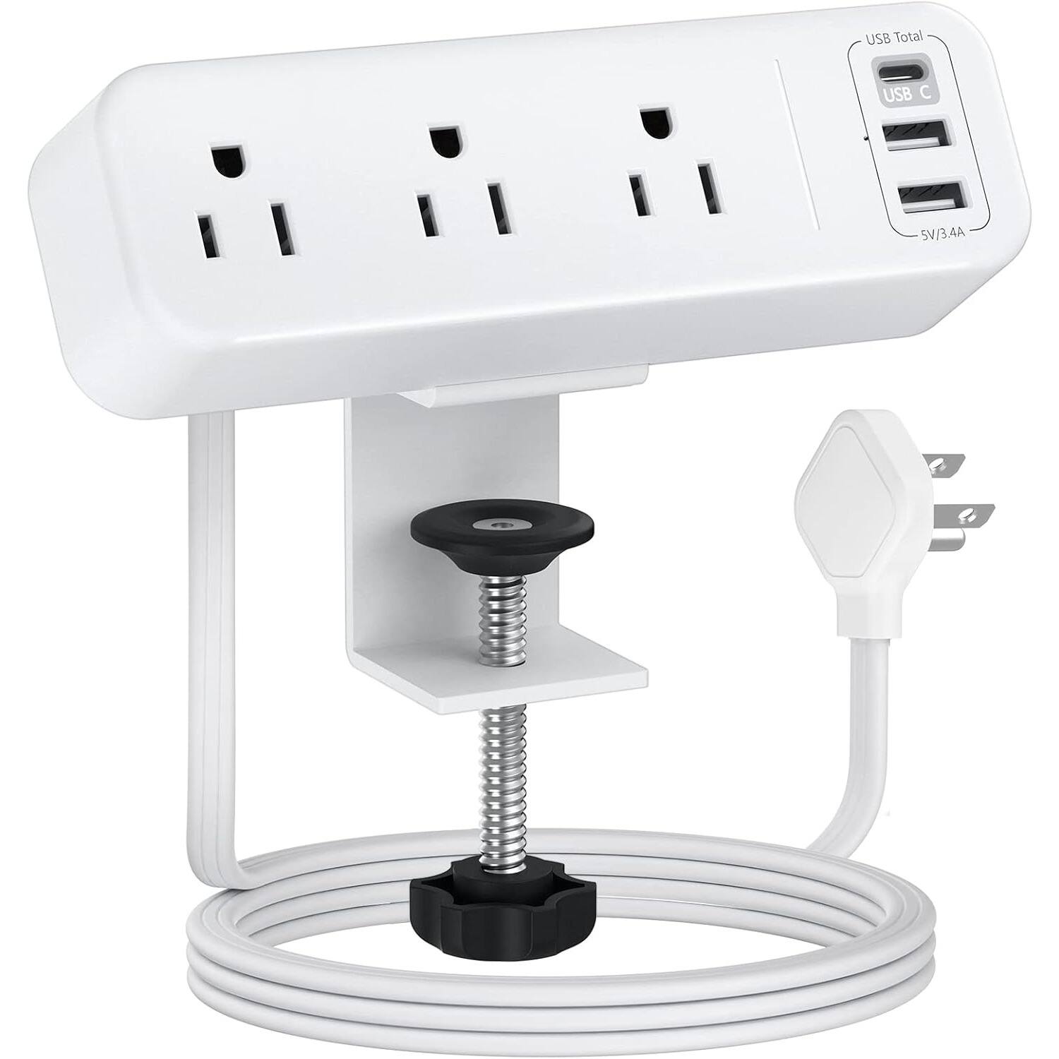 PARKER SLATER - Desk Clamp Power Strip with 3 Outlets, USB-C, 6.5FT Flat Plug Cord, Fits 1.6" Desk Edge – - White
