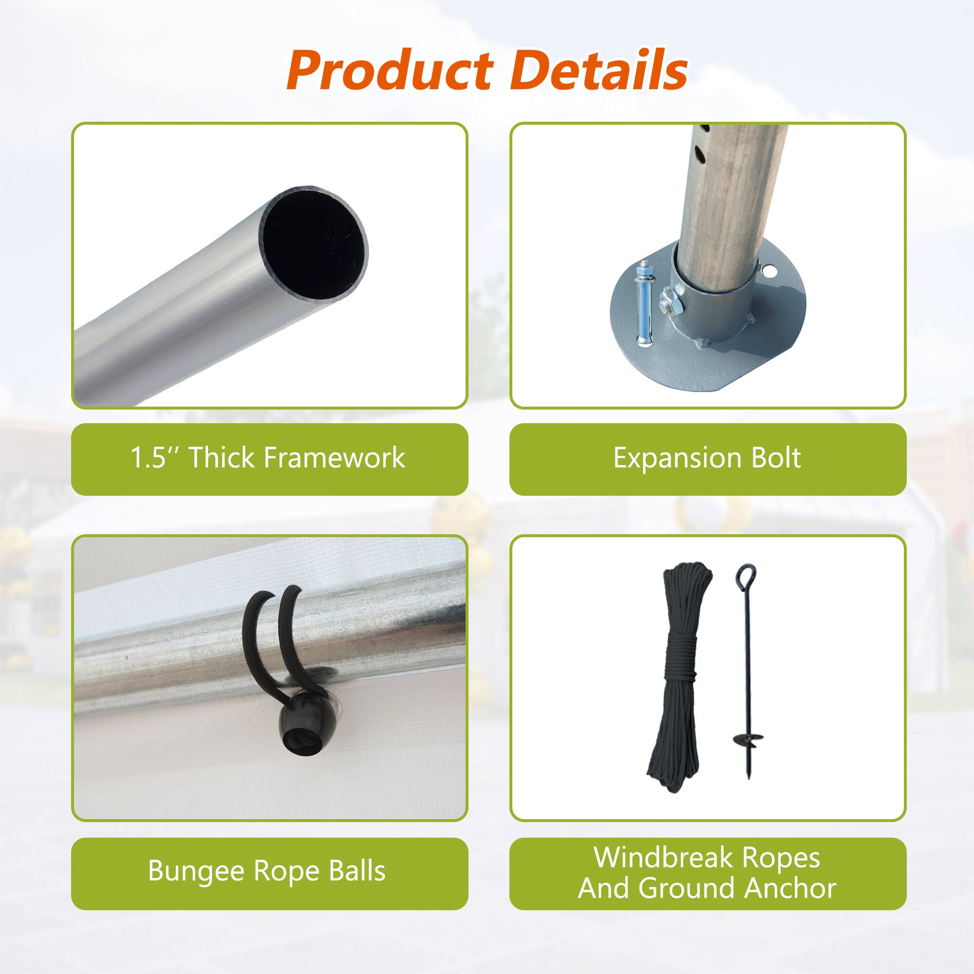 Product Details

1.5" Thick Framework

Expansion Bolt

Bungee Rope Balls

Windbreak Ropes And Ground Anchor