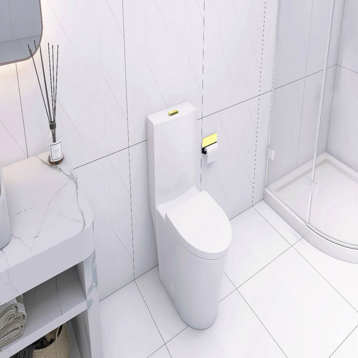 Alt View 1. Loheer - Loheer Elongated One Piece Toilet White Porcelain Modern Skirted Dual Flush Bathroom - White.