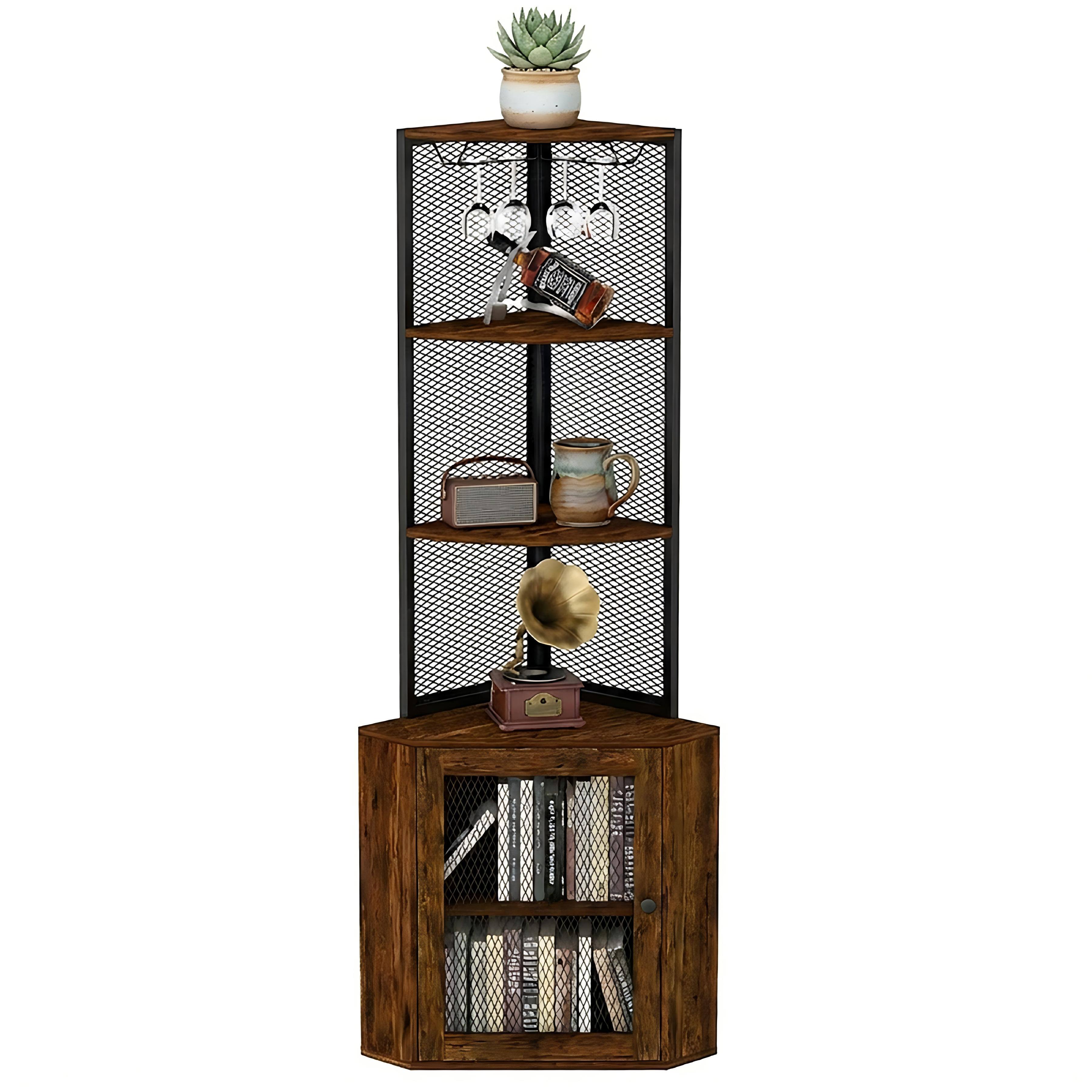LOSDA - Corner Cabinet with Doors, 6-Tier Bookshelf & Wine Glass Rack, Freestanding Storage for Kitchen, Living Room - Rustic  Brown