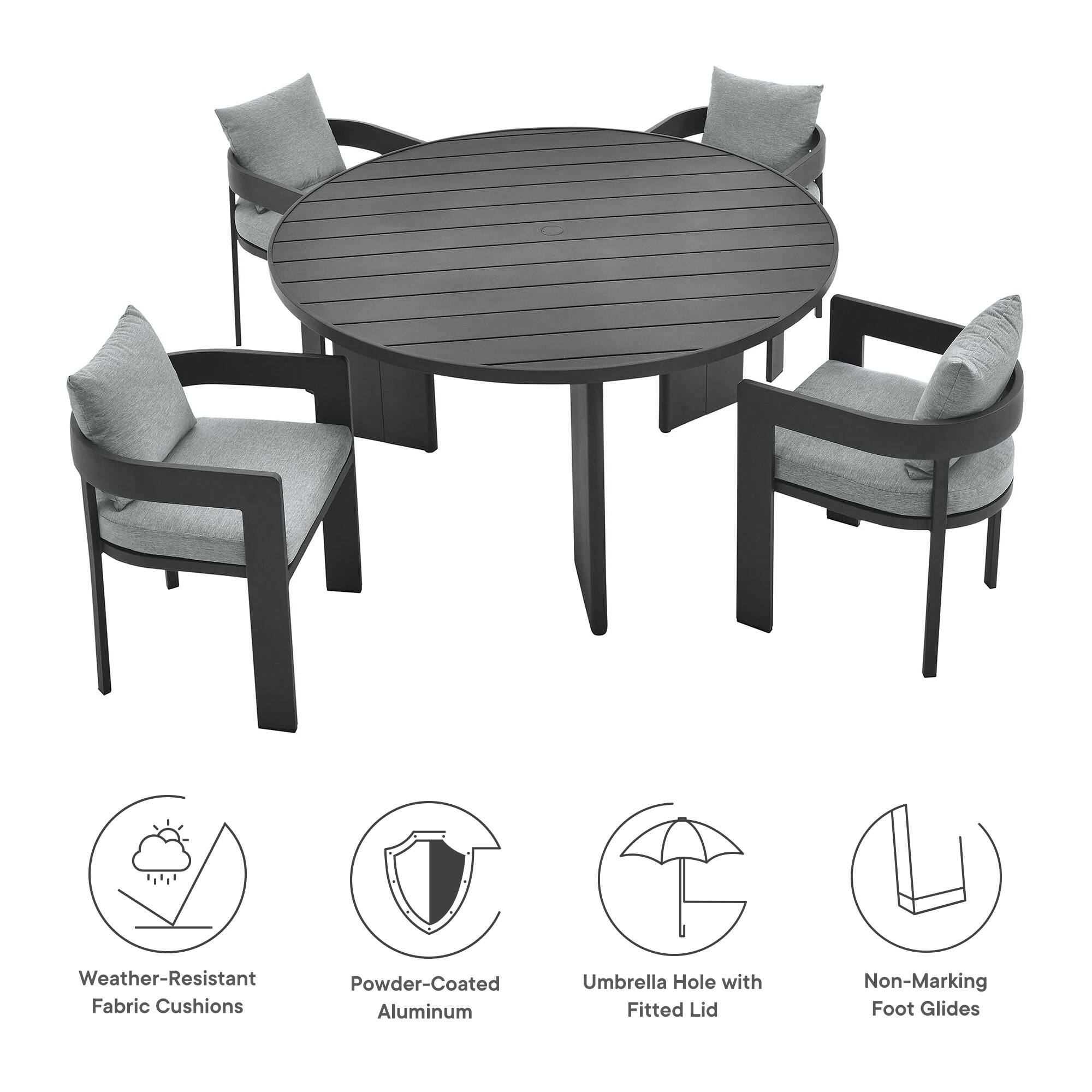 Weather-Resistant Powder-Coated Fabric Cushions Aluminum Umbrella Hole with Fitted Lid Non-Marking Foot Glides