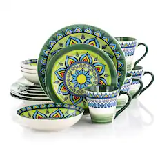 Front. Elama - Elama Zen Green Mozaik 16 Piece Luxurious Stoneware Dinnerware with Complete Setting for 4, 16pc - Green.