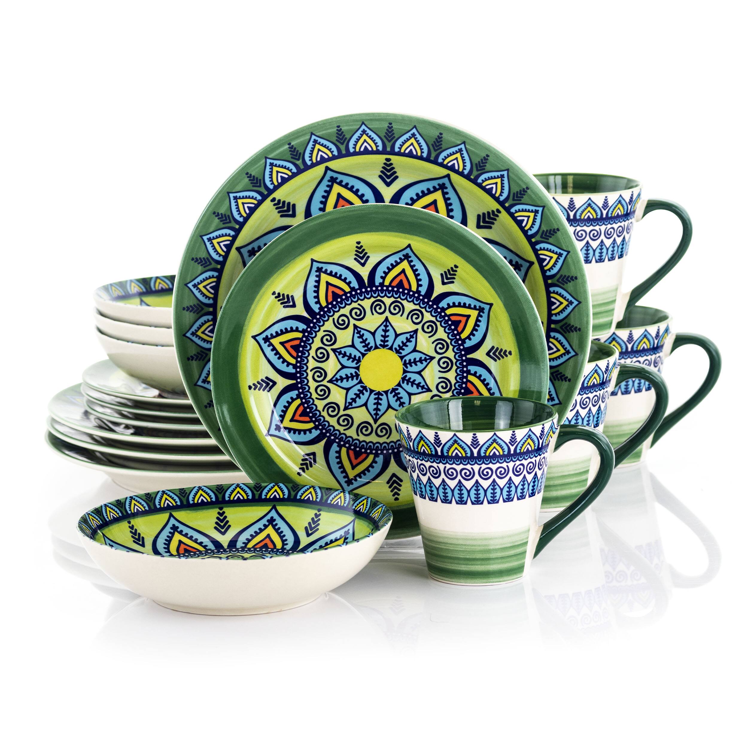 Front. Elama - Elama Zen Green Mozaik 16 Piece Luxurious Stoneware Dinnerware with Complete Setting for 4, 16pc - Green.