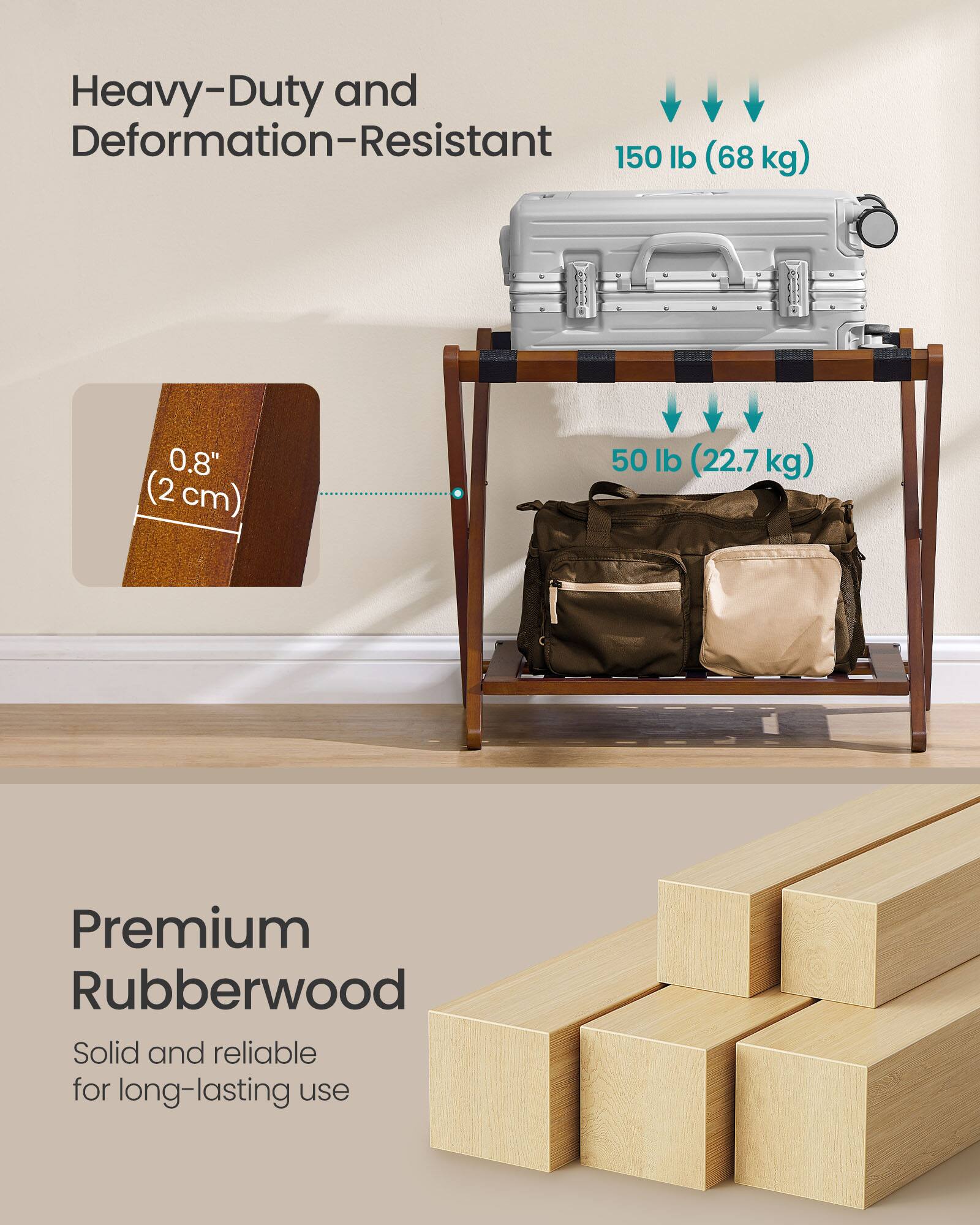 Heavy-Duty and Deformation-Resistant  
150 lb (68 kg)  
0.8" (2 cm)  
50 lb (22.7 kg)  

Premium Rubberwood  
Solid and reliable for long-lasting use